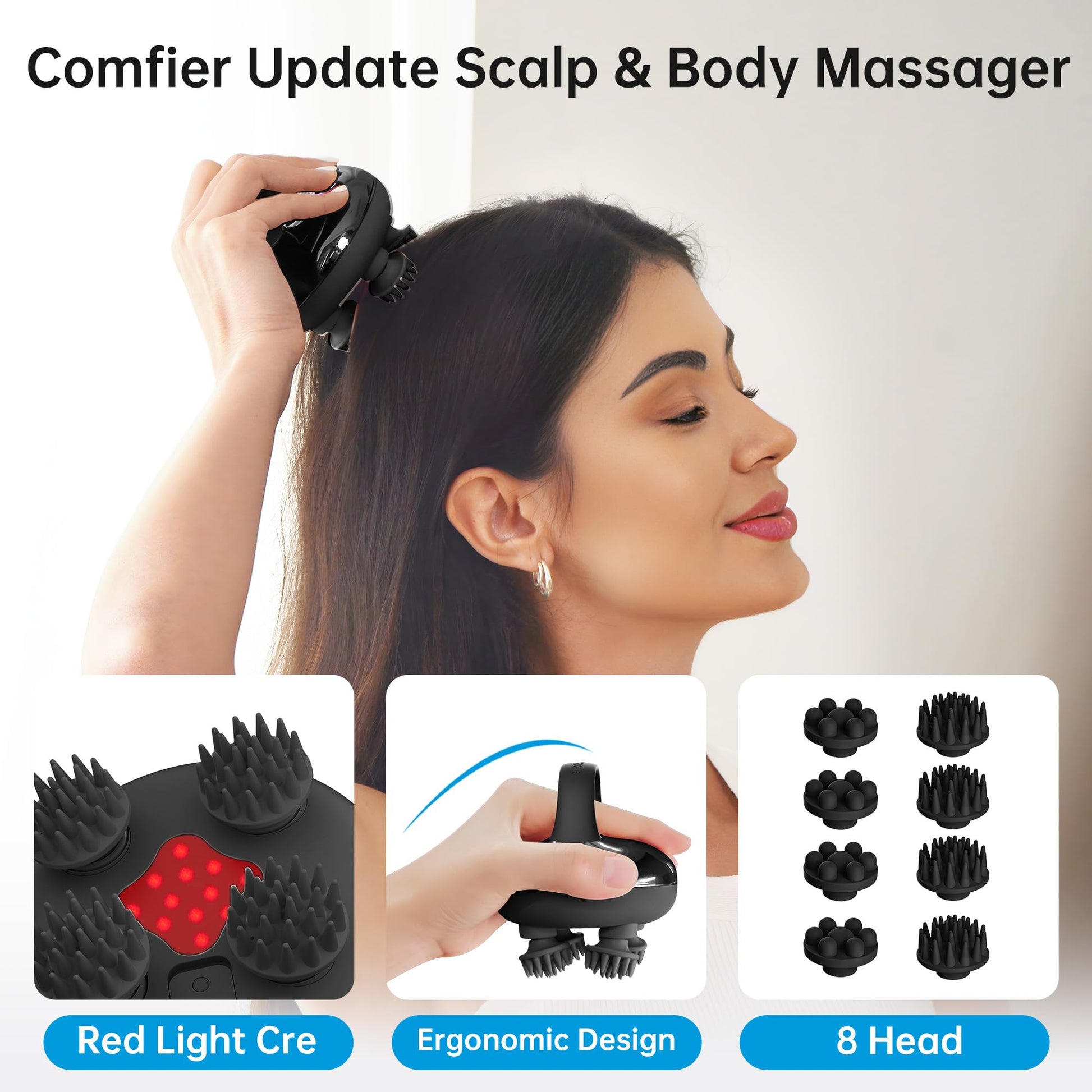 COMFIER Masajeador De Cabeza, Masajeador De Cuero Cabelludo Para El Crecimiento Del Cabello Con 3 Modos De Amasado, Masajeador Corporal Impermeable Para Aliviar El Estrés, Masajeador Para Gatos(Negro)