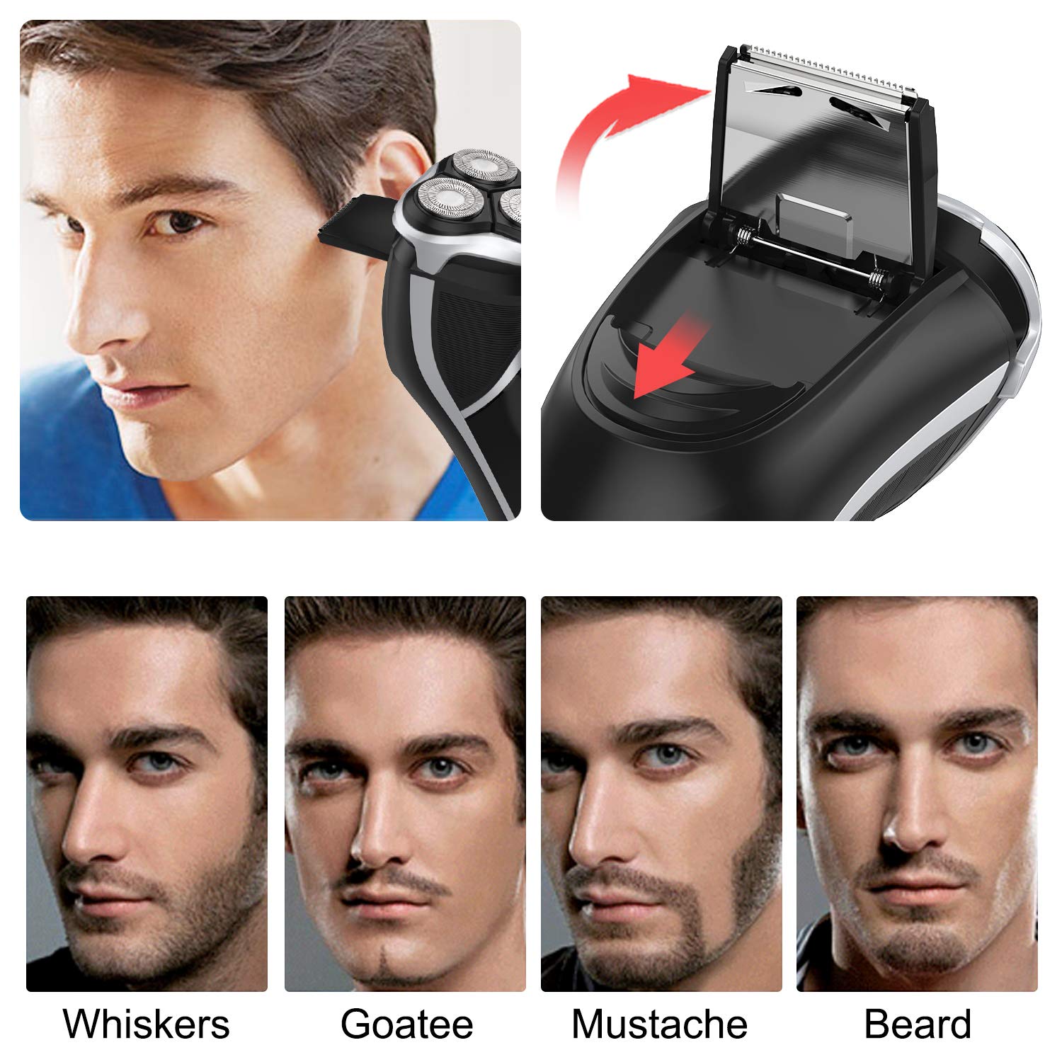 Afeitadora eléctrica para hombres - MAX-T Afeitadora rotativa 3D recargable con cable e inalámbrica para hombres con recortador de patillas emergente húmedo y seco con adaptador de pared 100-240 V