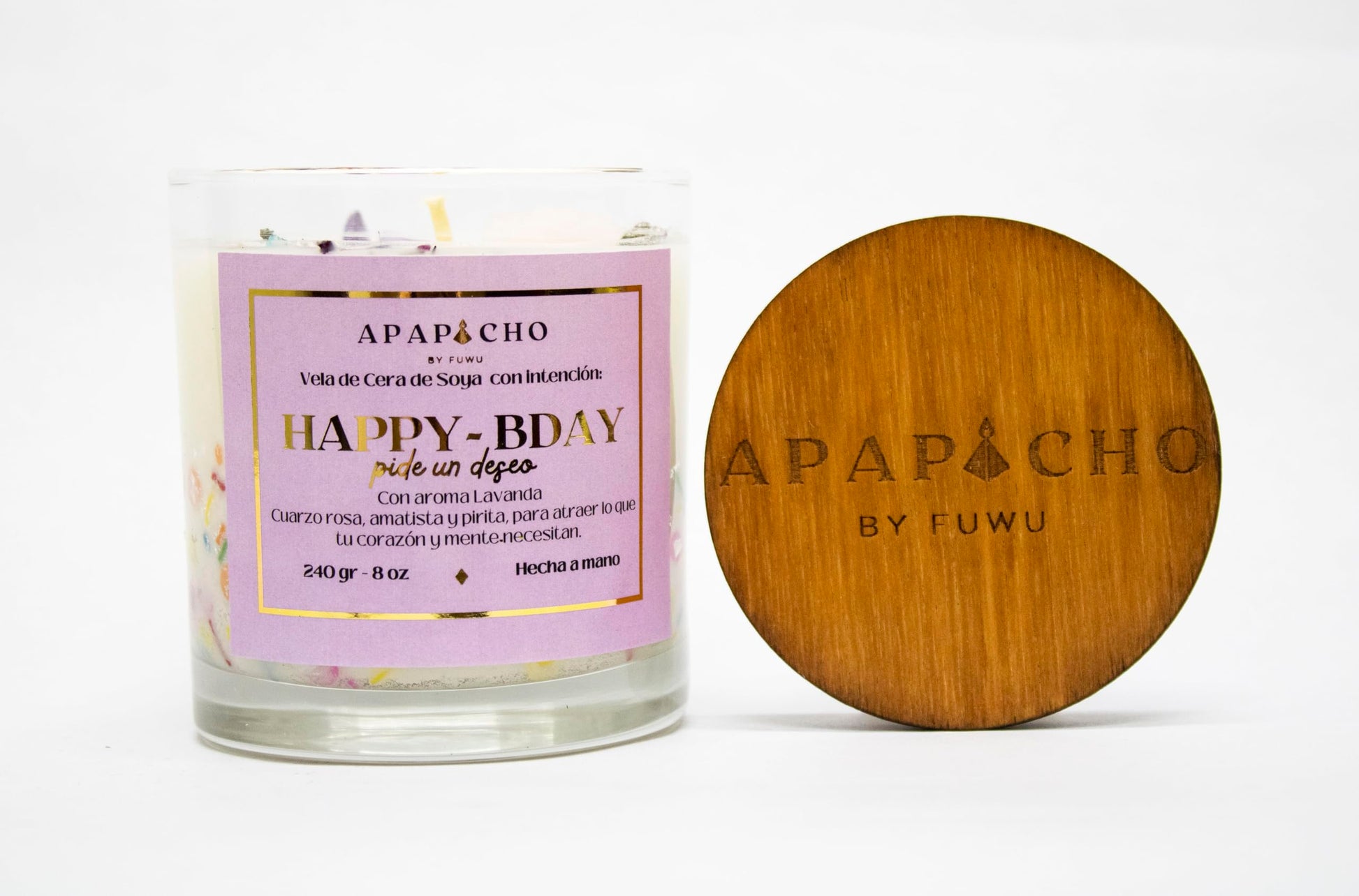 Fuwu, velas aromaticas relajantes Happy Birthday de cera de soya con cuarzos naturales, velas decorativas hechas a mano con hierbas de olor, aromatizantes para hogar, regalos de cumpleaños (Lavanda)