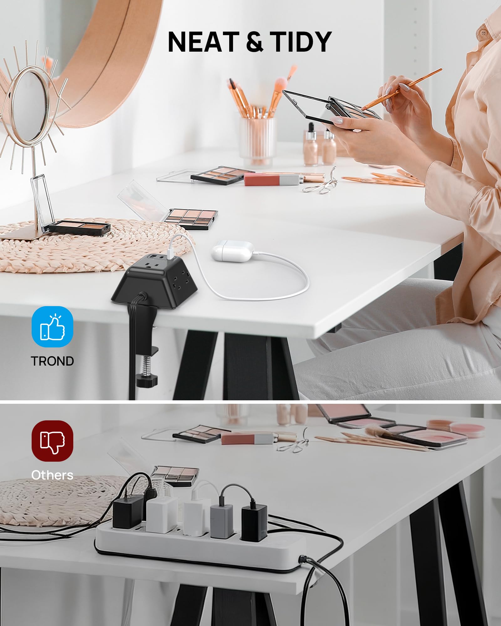 TROND Regleta Multicontacto con Abrazadera 1.8M, 5 Tomas AC y 3 Puertos USB, Protector de Sobretensión, Montaje en Escritorio, Apto para Mesas de 1.97", Ideal para Hogar, Oficina y Juegos,Negro