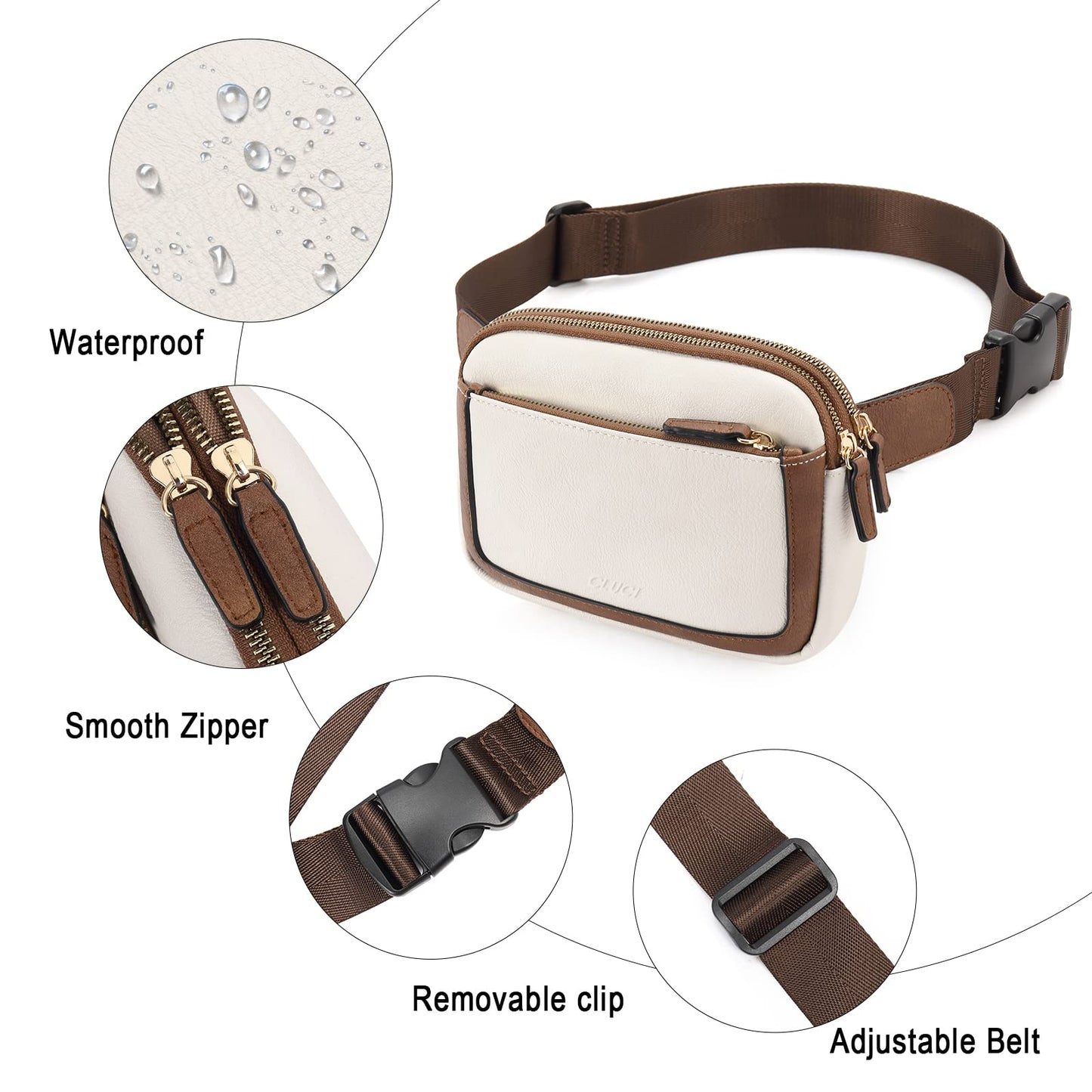 CLUCI - Riñonera para mujer, mini bolso cruzado en todas partes, correa ajustable, piel vegana, riñonera para mujer, A-0 Blanco roto con café, Una talla