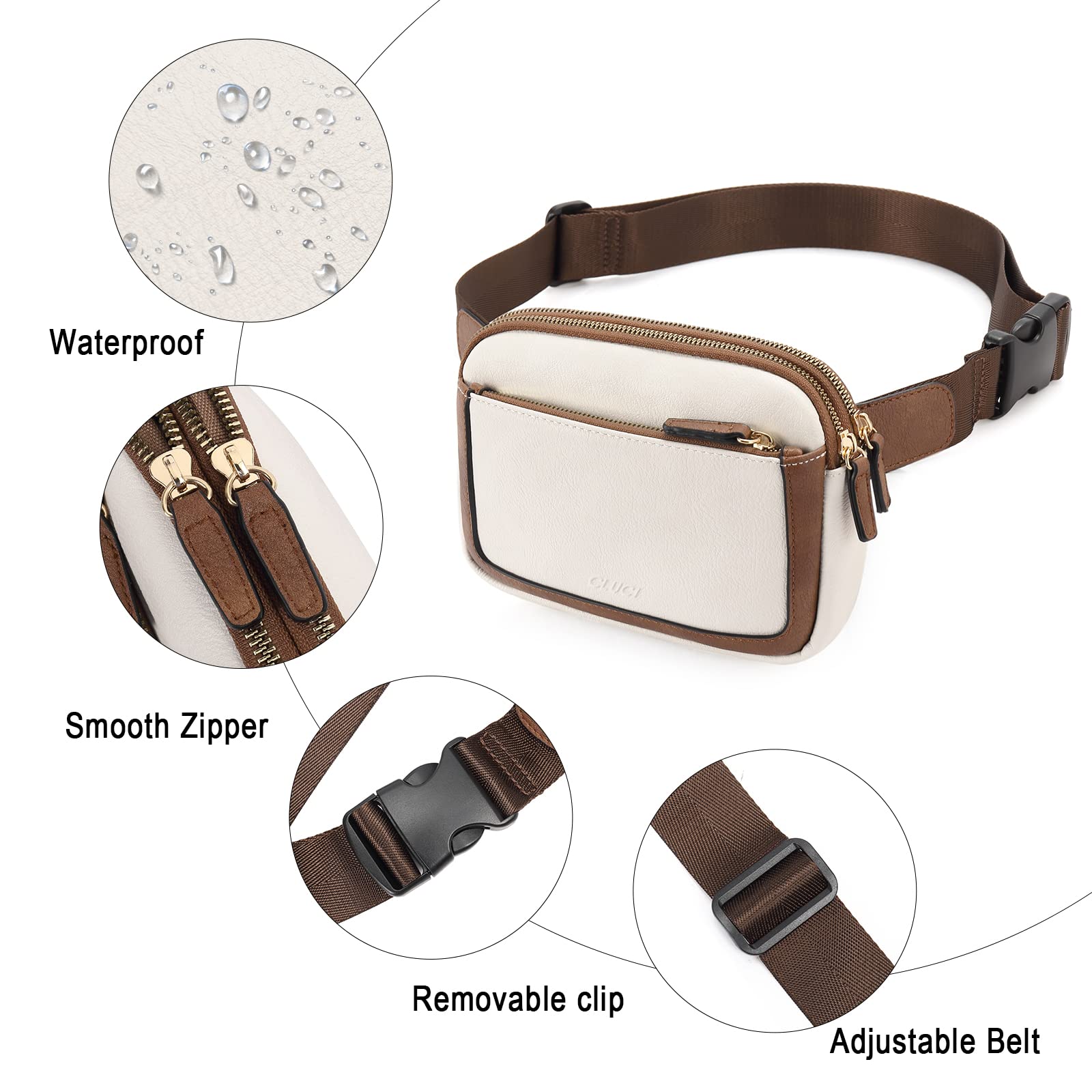 CLUCI - Riñonera para mujer, mini bolso cruzado en todas partes, correa ajustable, piel vegana, riñonera para mujer, A-0 Blanco roto con café, Una talla