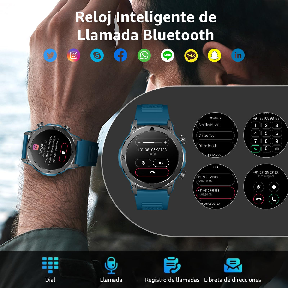 Smartwatch FreshFun AMOLED 1.43 Pulgadas Bluetooth Hombre Azul Impermeable IP67 Monitor Cardíaco y Sueño 100+ Modos Deportivos