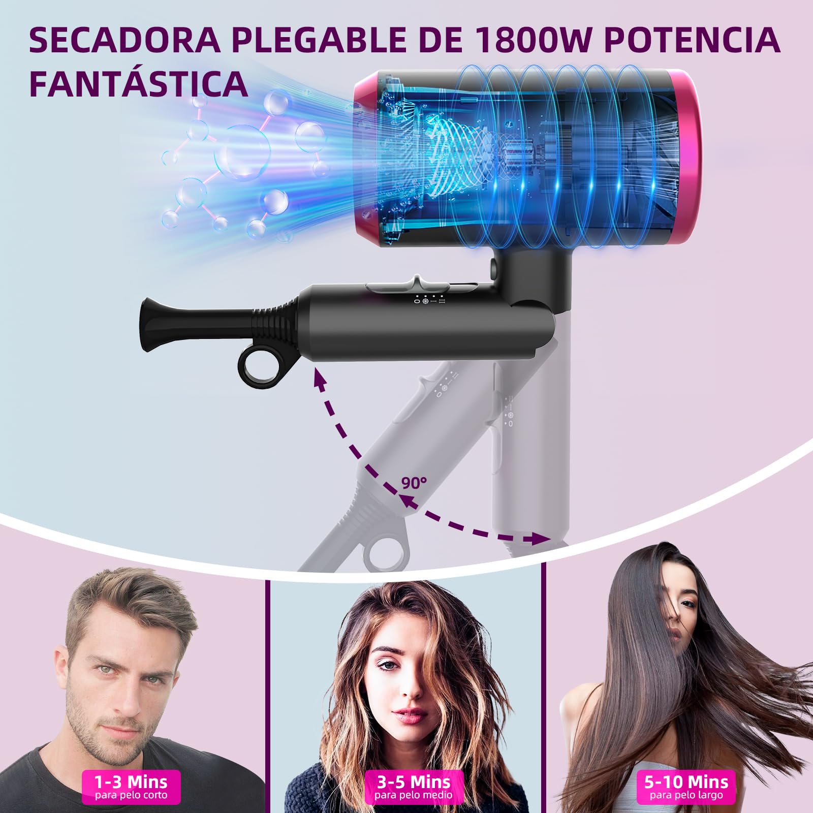 Secador de Pelo Ionico,Lostrain Secadora Para Cabello Plegable 1800W 3 Temperaturas 1.8M Cable,Secadora con Difusor y Concentrador 20 Millones De Iones Negativos Para Viaje Salón