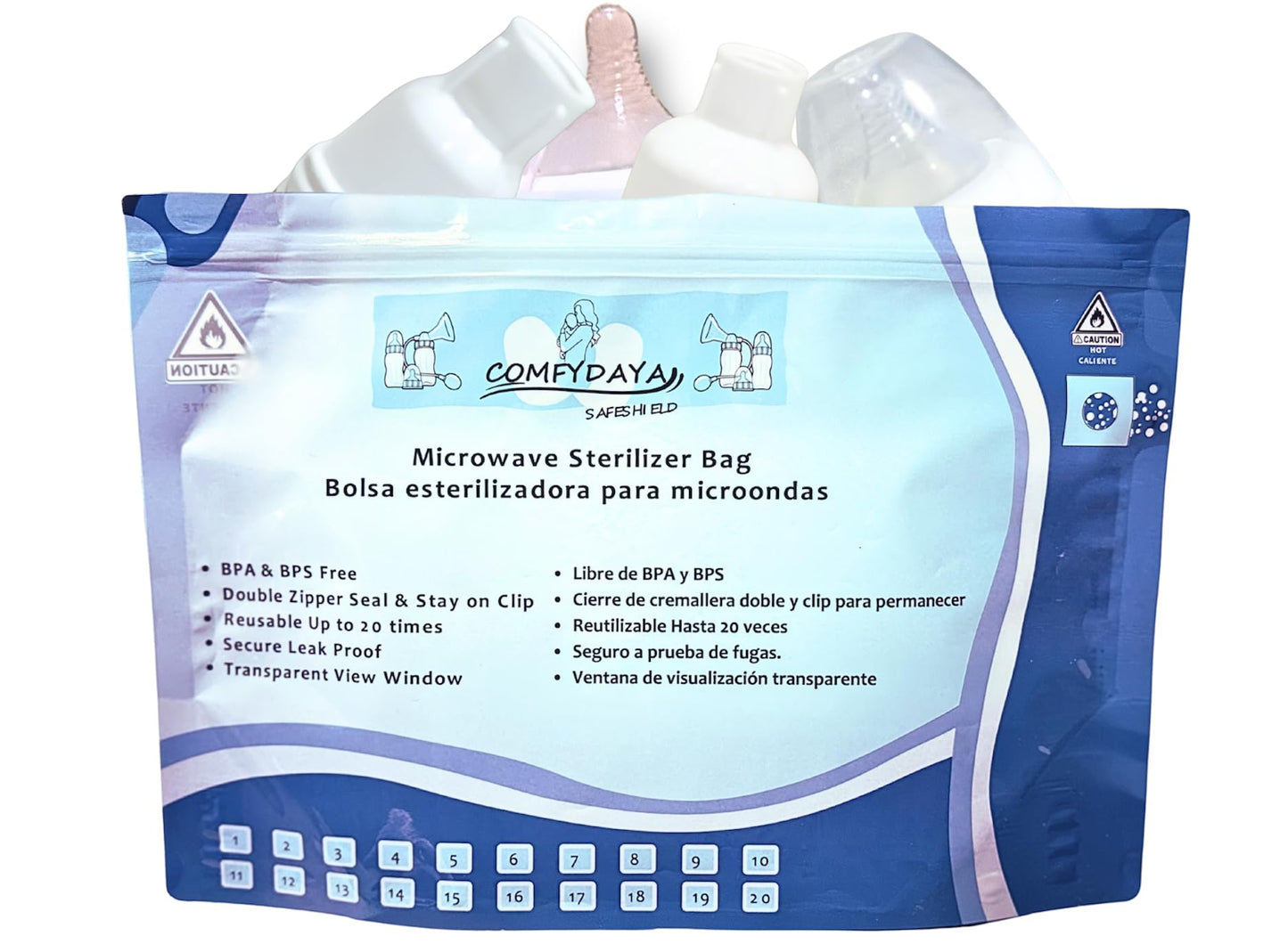 Comfydaya Safeshield - Bolsa esterilizadora para microondas (para pezones, botellas de leche, accesorios para extraer leches). Paquete de 10