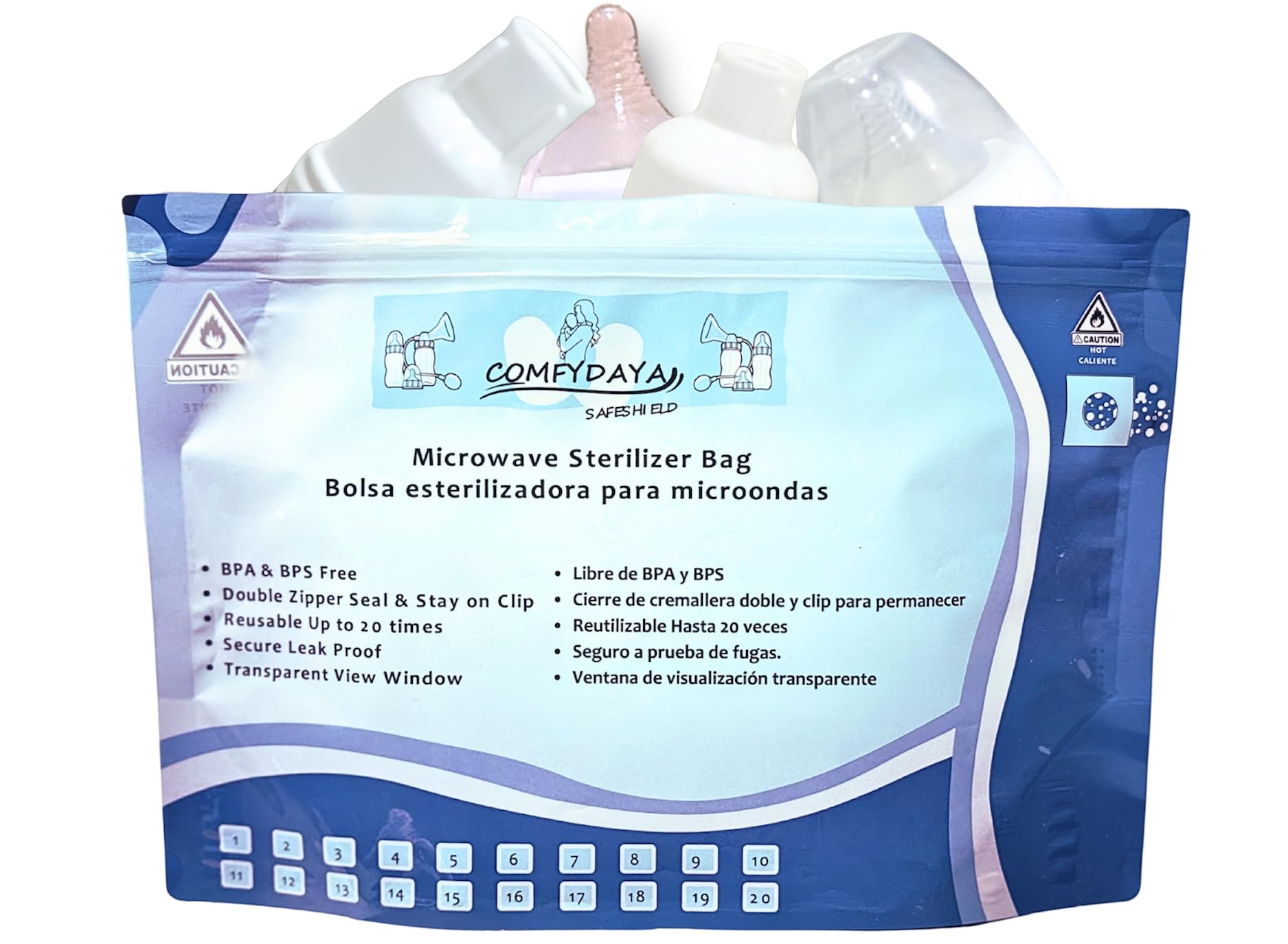Comfydaya Safeshield - Bolsa esterilizadora para microondas (para pezones, botellas de leche, accesorios para extraer leches). Paquete de 10