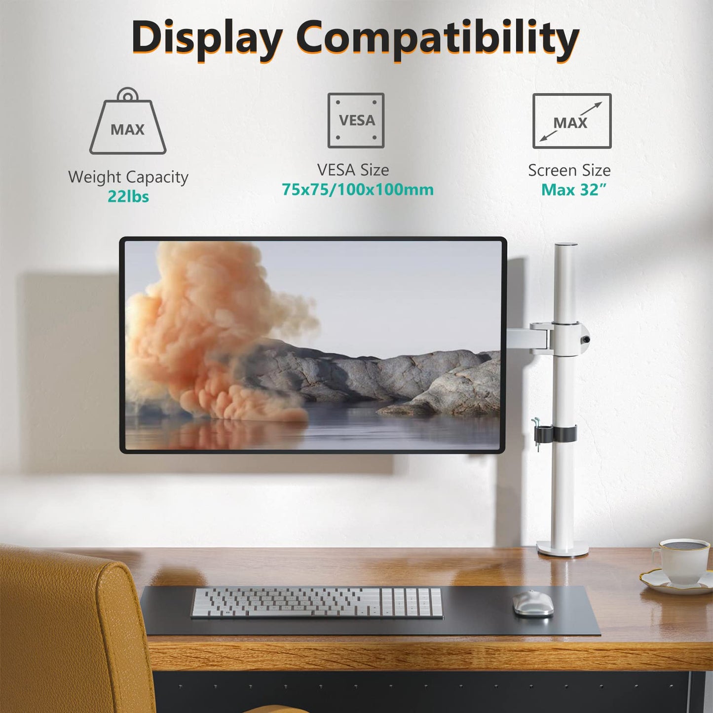 Soporte Ajustable para Monitor WALI Blanco, Brazo Individual para Monitor de hasta 27 Pulgadas y 10 kg, con Inclinación y Giro VESA 75 & 100mm