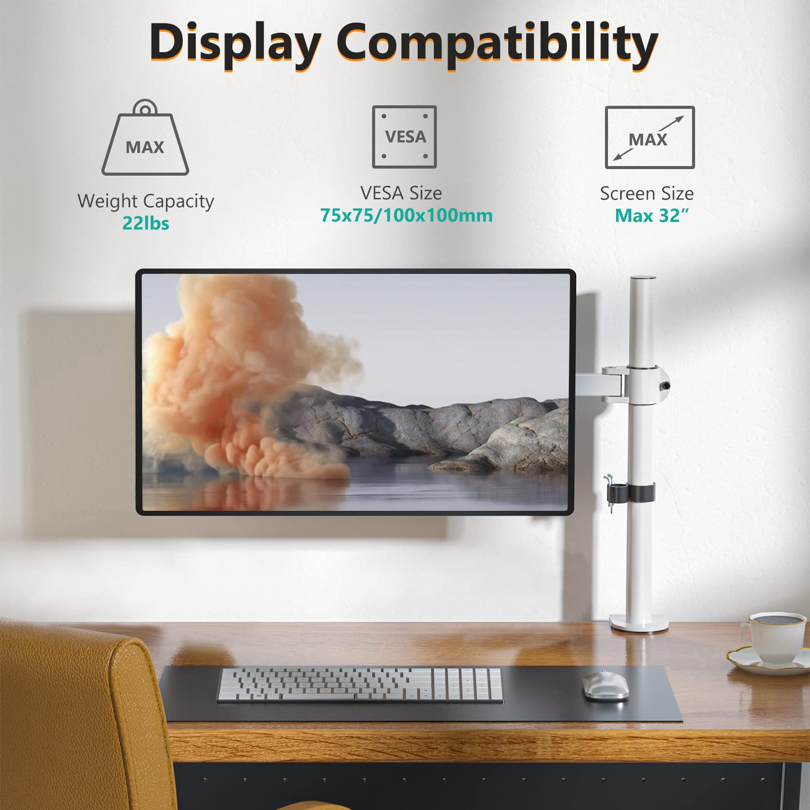 Soporte Ajustable para Monitor WALI Blanco, Brazo Individual para Monitor de hasta 27 Pulgadas y 10 kg, con Inclinación y Giro VESA 75 & 100mm