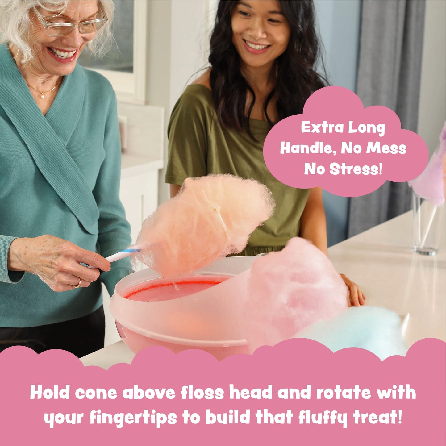 Máquina de algodón de azúcar Cotton Candy Express [rosa] | La mejor máquina de algodón de azúcar para uso doméstico | Máquina de algodón de azúcar con conos de papel a rayas incluidos y una cuchara de azúcar de hilo, Rosado claro, Machine with 3 Flavors,