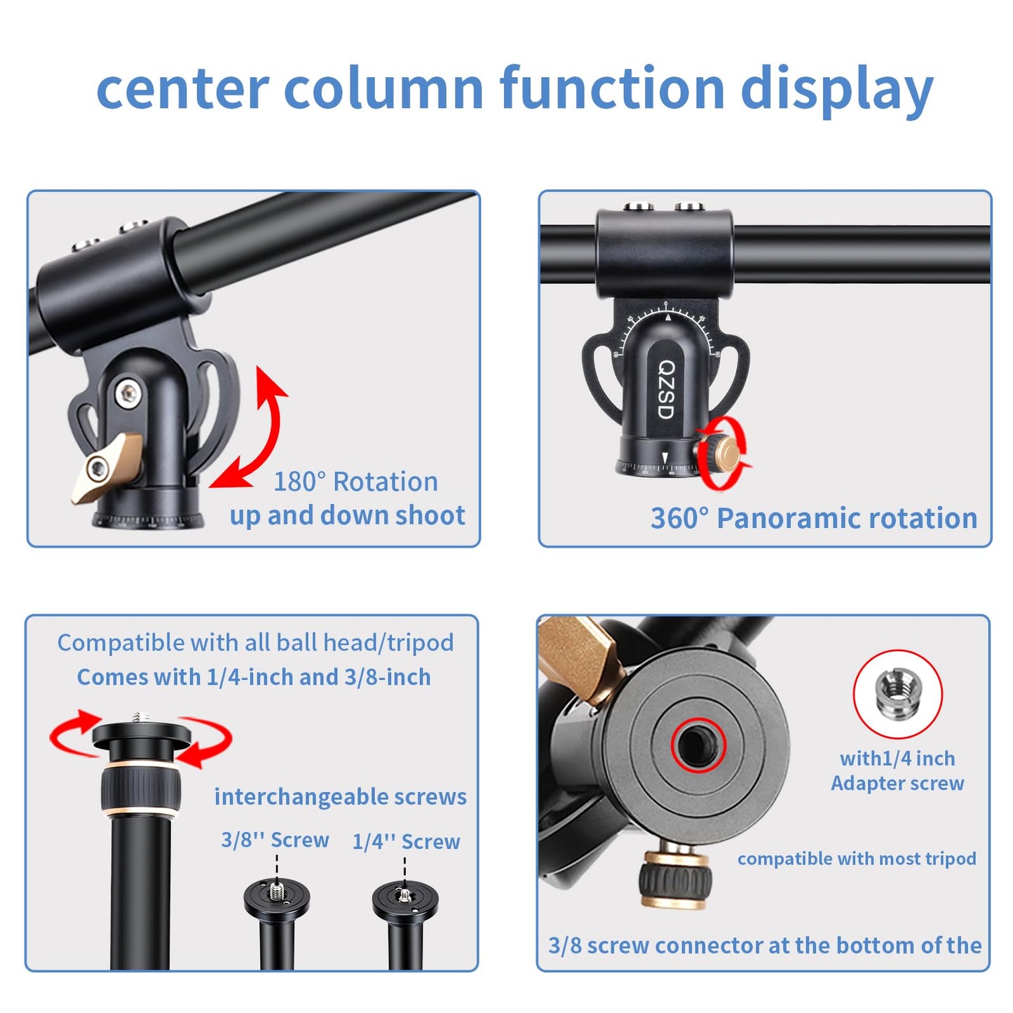 Brazo de extensión de trípode de aluminio de 41 pulgadas con brazo de columna central horizontal retráctil con 1/4 pulgadas y 3/8 pulgadas, giratorio de 360° para fotografía de gran ángulo, carga