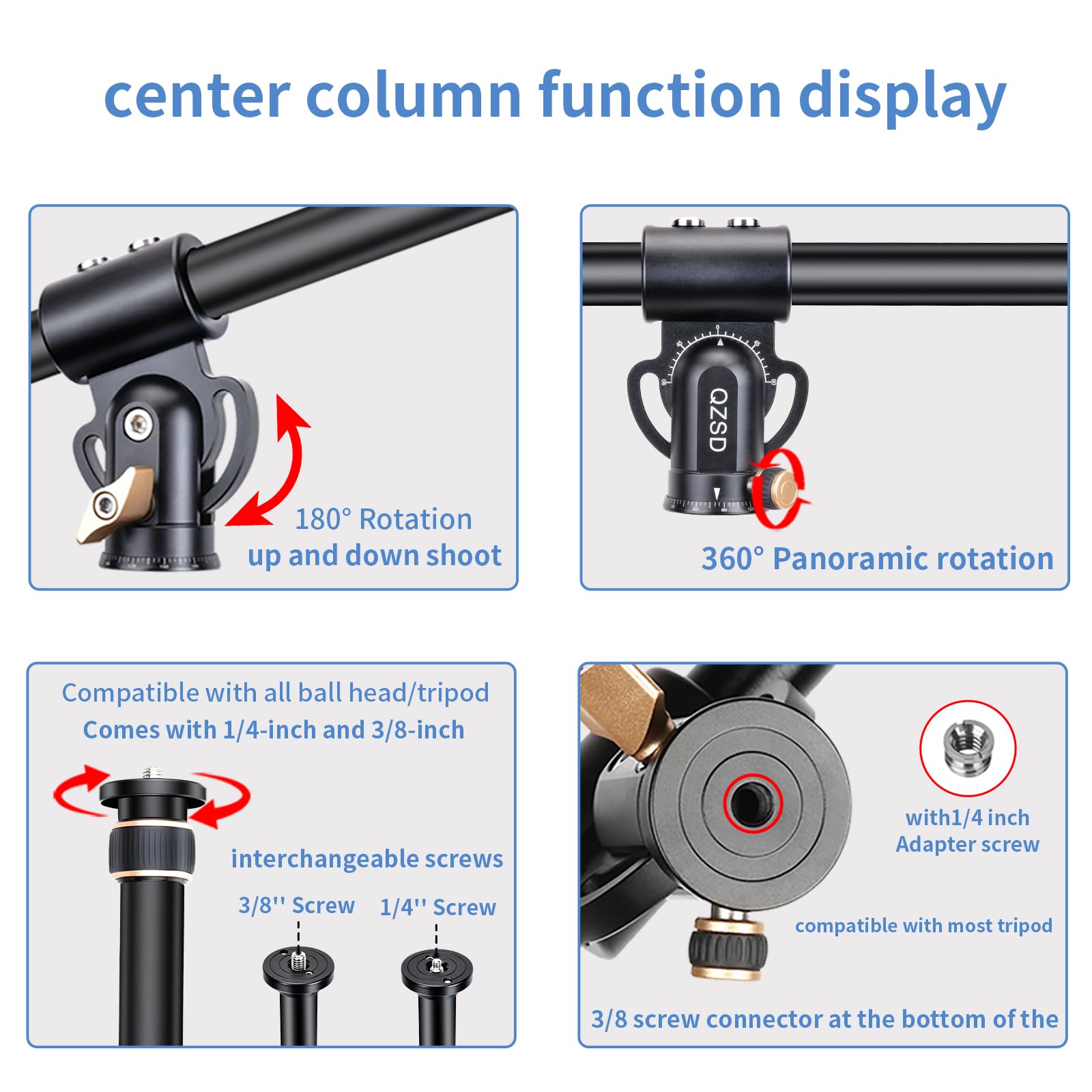 Brazo de extensión de trípode de aluminio de 41 pulgadas con brazo de columna central horizontal retráctil con 1/4 pulgadas y 3/8 pulgadas, giratorio de 360° para fotografía de gran ángulo, carga