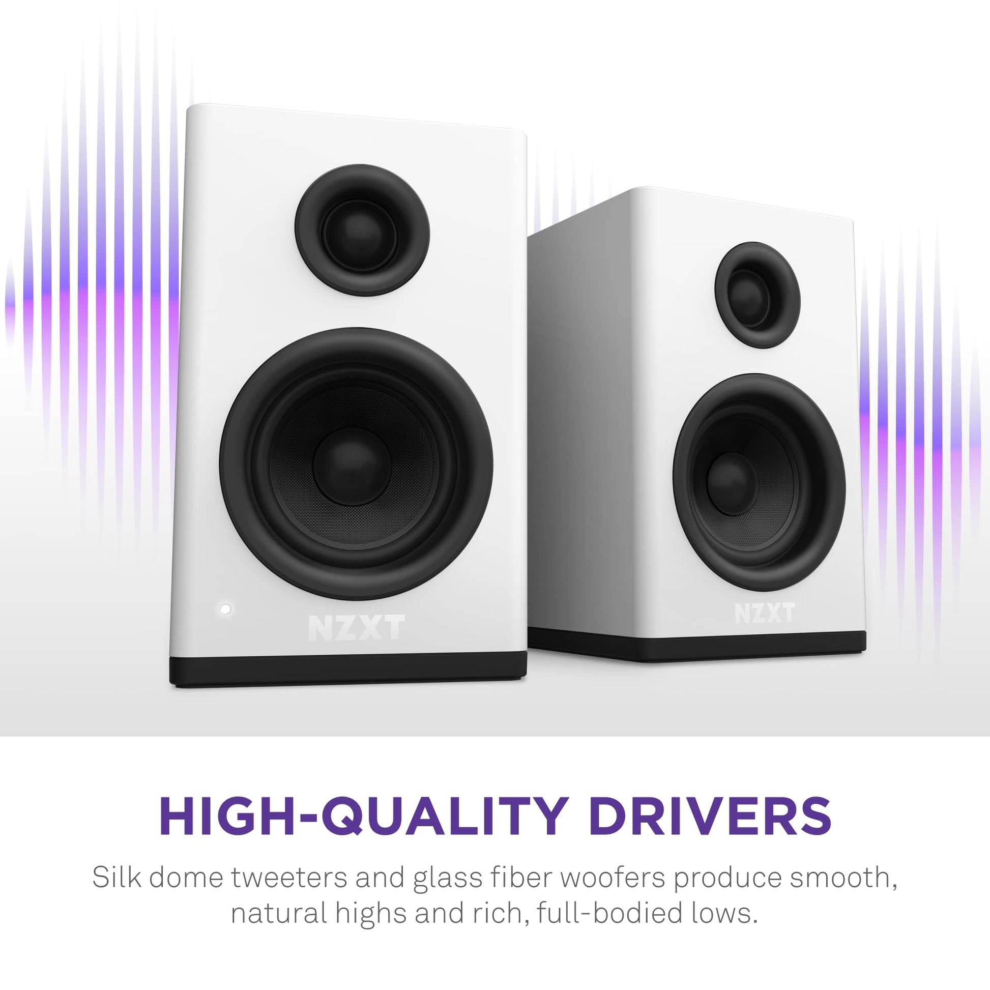 Parlantes de Escritorio Gaming NZXT Blanco con Diseño tipo Estantería y Tweeters de Domo de Seda