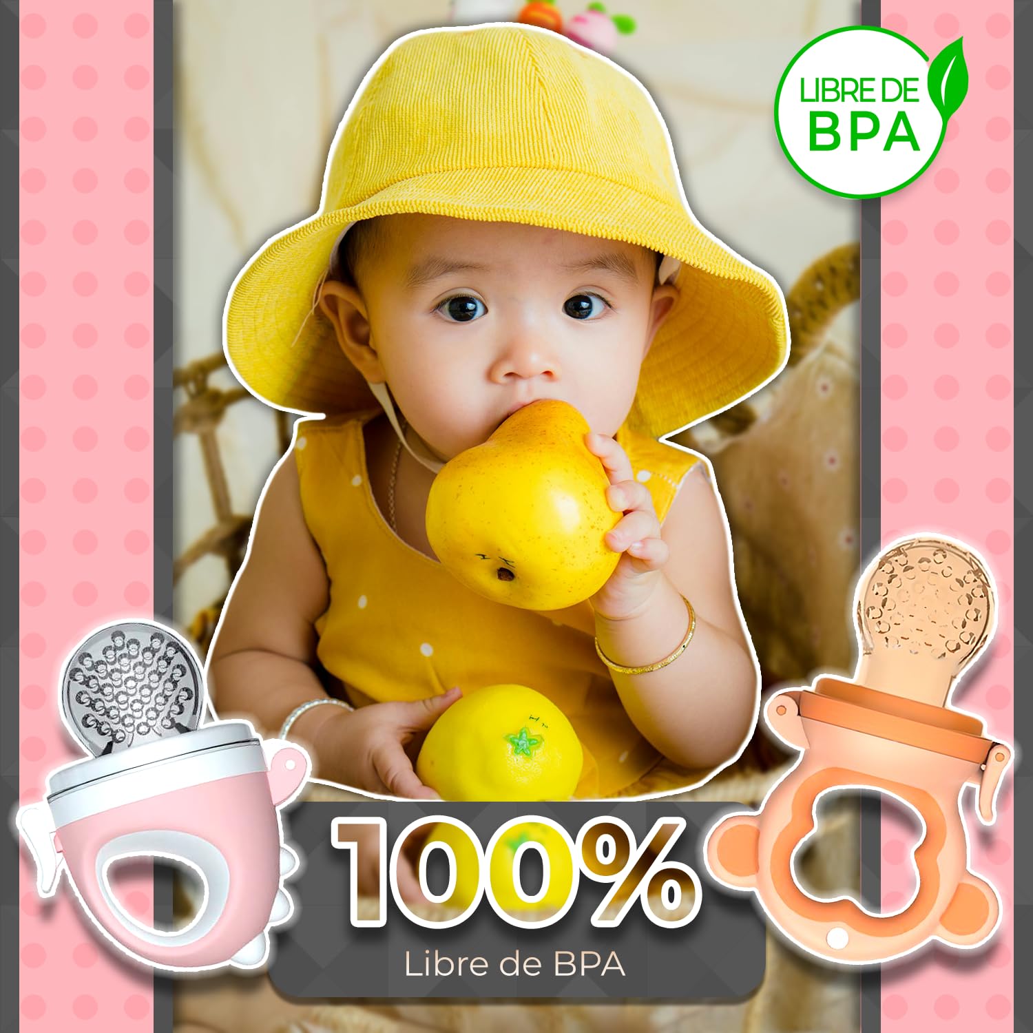 Chupones alimentadores para frutas y papillas con tapa libre de bpa, dibujos animados, 4m+ 2 piezas (monkey naranja y dino rosa)