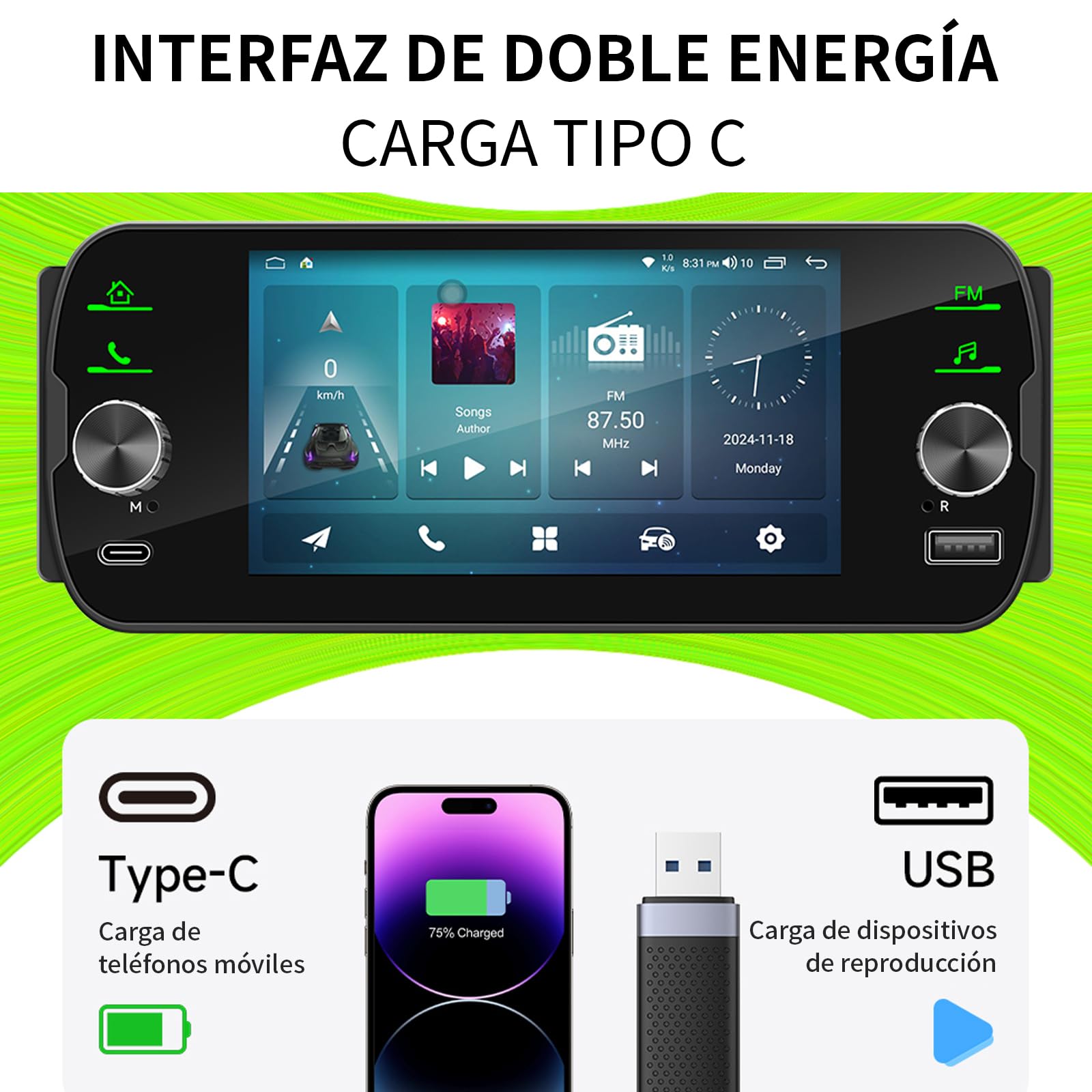 FINYQBET Estéreo de Pantalla para Auto 1 DIN Android 13 con CarPlay & Android Auto Inalámbrico, 2GB RAM + 32GB ROM, GPS, WiFi, Bluetooth 5.1, Radio Am/FM, 5 Pulgadas, Soporte Cámara de Reversa