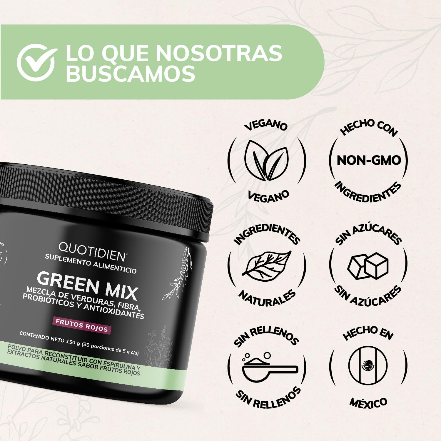Quotidien | Green Mix Jugo Verde en Polvo con Té Matcha, Espirulina, Té Verde, Espinaca, Clorofila, Moringa, Melena de León, Enzimas Digestivas, Probióticos y muchos más | Super Blend Sabor Frutos Rojos | 30 porciones