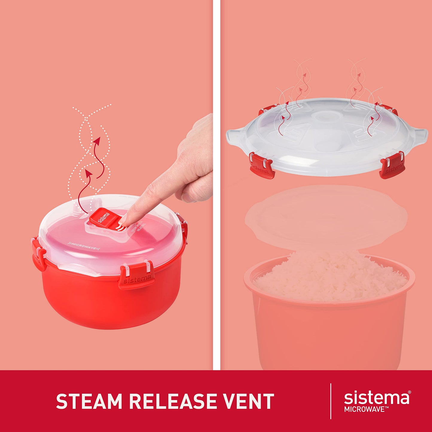 Sistema Arrocera y Vaporizador para Verduras Rojo con Ventilación de Liberación de Vapor apto para Lavaplatos