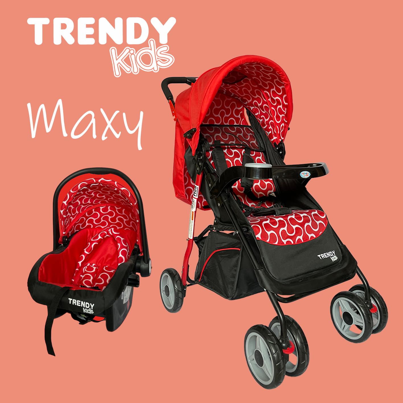 Carriola para Bebé con Travel System, 4 en 1, Plegado a Una Mano, Respaldo Multiposiciones, Portabebé/Autoasiento 0+, Arnés de 5 Puntos, Canastilla Amplia, de 0 a 3 Años, Modelo MAXY (Roja)