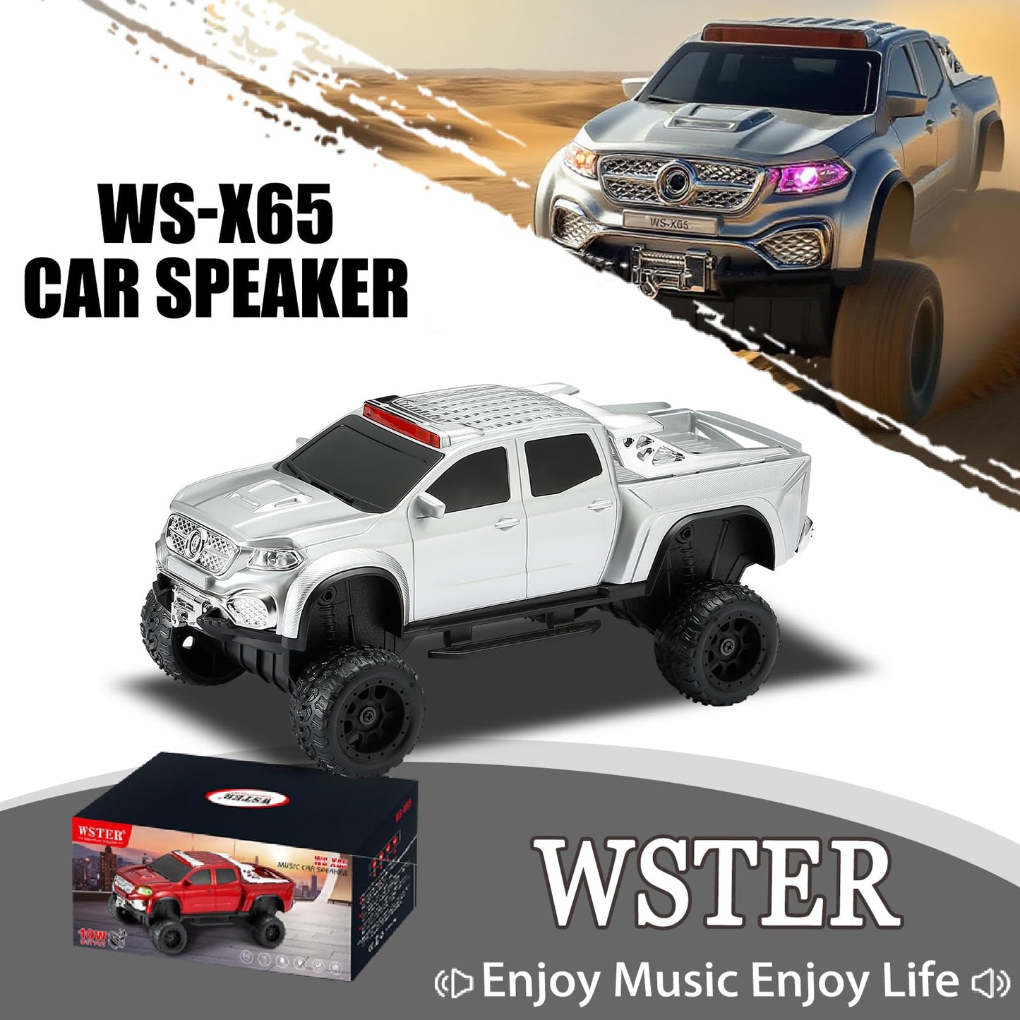 WSTER WS-X65 - Altavoz Bluetooth para camioneta todoterreno, color plateado