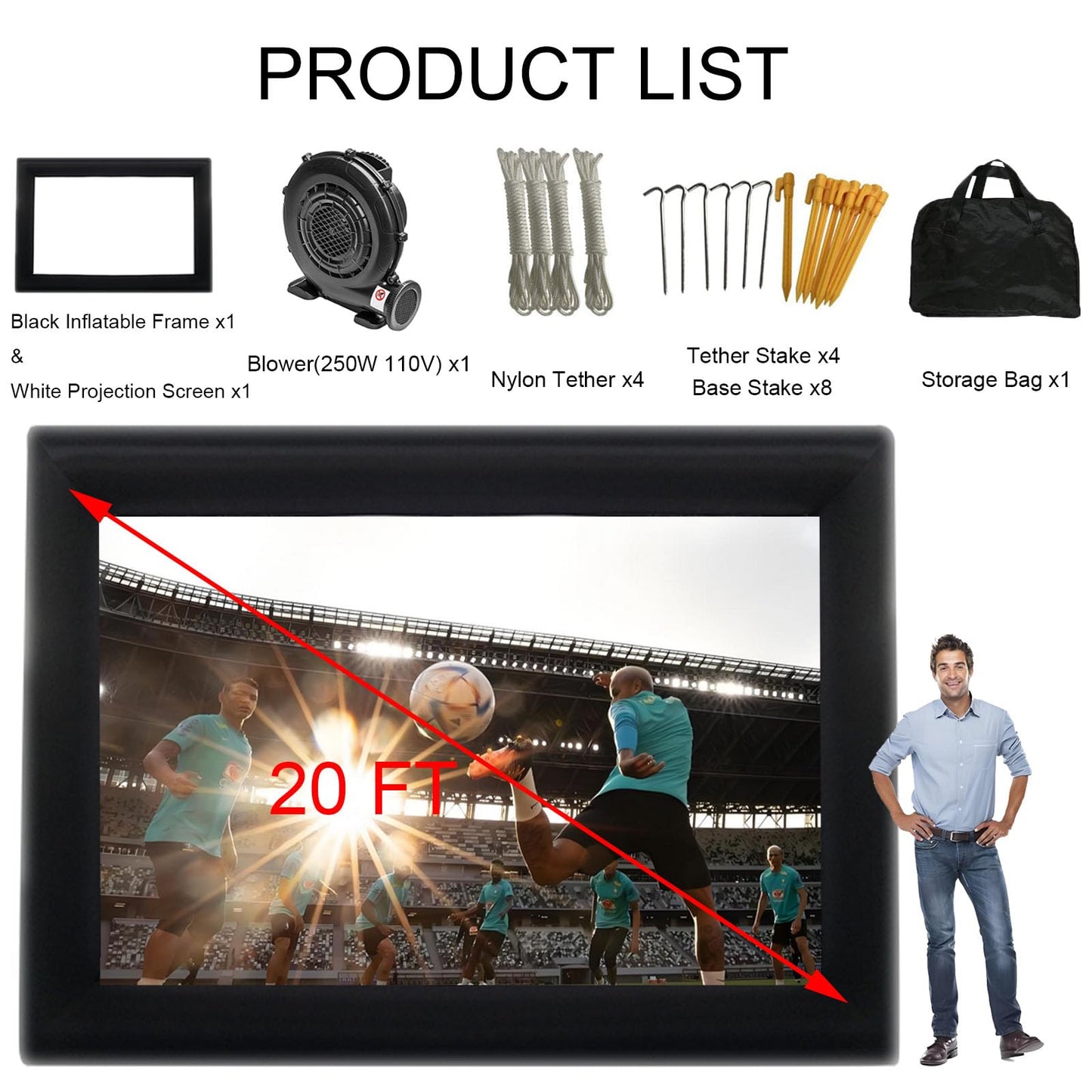 QILEBA Pantalla de cine, proyector inflable para interiores, exteriores, 6 m, portátil, soplador de aire, amarres, bolsa de almacenamiento, para patio trasero, alberca, fiesta, noches de cine (6 m)