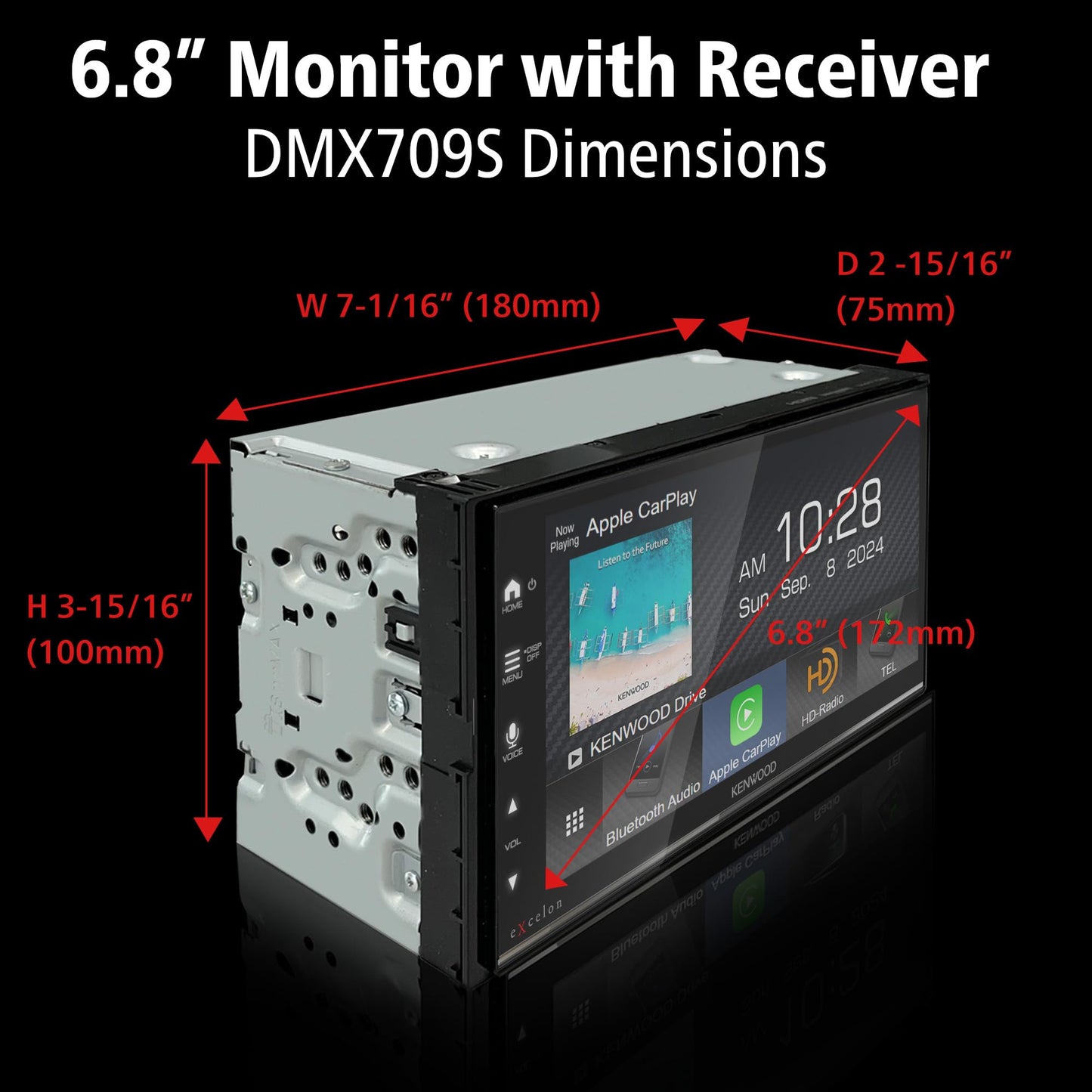 KENWOOD DMX709S eXcelon pantalla táctil capacitiva de 17,7 cm, estéreo de coche, CarPlay y Android Auto, Bluetooth, radio AM/FM HD, reproductor MP3, puerto USB, doble DIN, ecualizador de 13 bandas