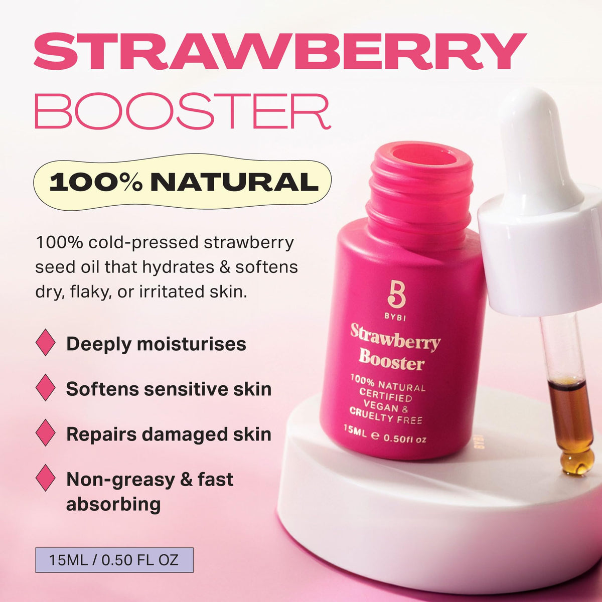 Suero facial potenciador de fresa Beauty Strawberry para pieles secas e irritadas Aceite facial hidratante vegano Repara e hidrata la piel dañada Aceite de semilla de fresa rico en antioxidantes 15 ml