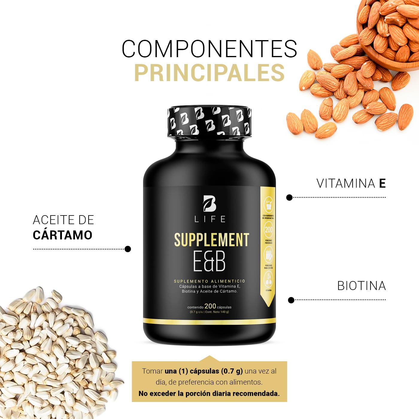 B Life Company Vitamina E + Biotina de 200 Cápsulas. Ingredientes naturales. Supplement E&B.