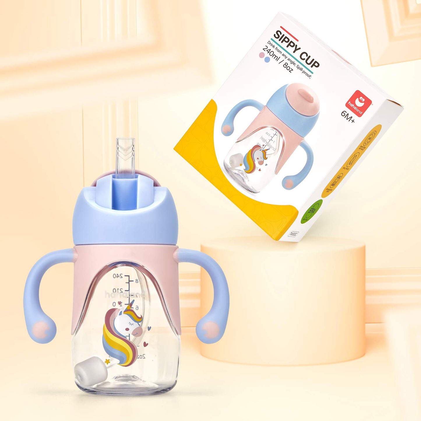 hahaland - Vasos para sorbos para niños pequeños, 1-3 2 en 1, con boquilla de unicornio y taza para sorber