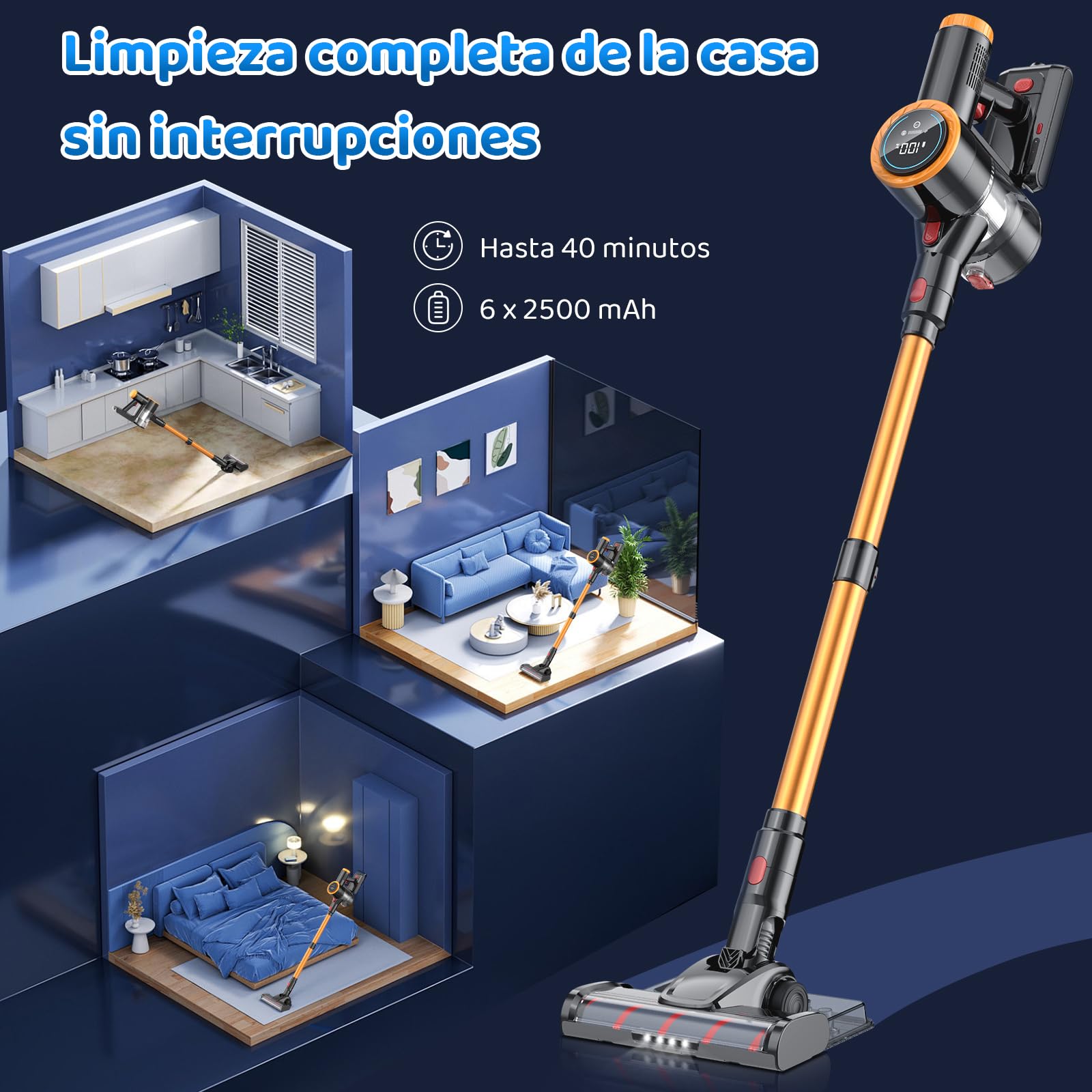 FAGHTO Aspiradora Inalambrica, Aspiradora de Mano y Vertical 2 en 1, 30KPa/350W Aspiradoras para el Hogar, Potente Succión,con Cepillo Sin Enredos,1L Taza para Polvo,para Pelo de Mascotas/Alfombra