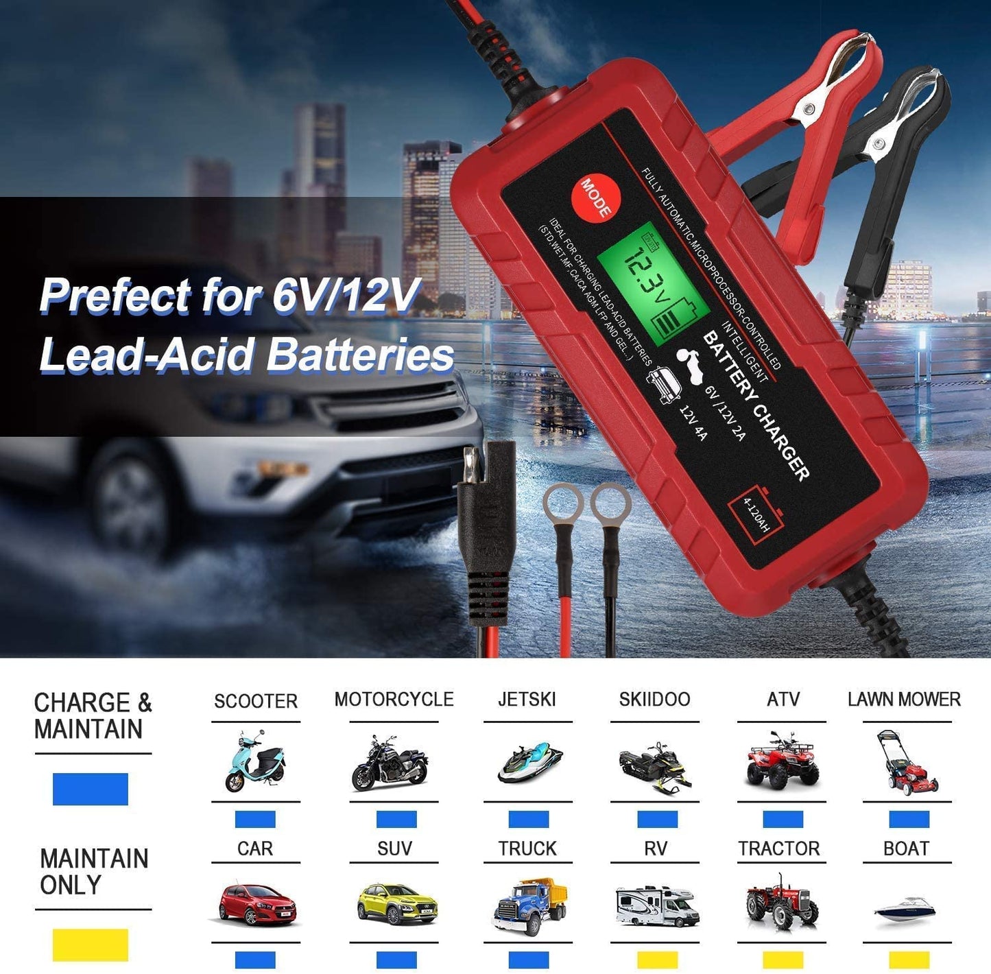 Sailnovo - Cargador de batería inteligente para coche, 6 V, 12 V, cargador de automóvil, totalmente automático, 8 etapas, batería de automóvil, 4 A, cargador de batería inteligente portátil de 6 V, 12