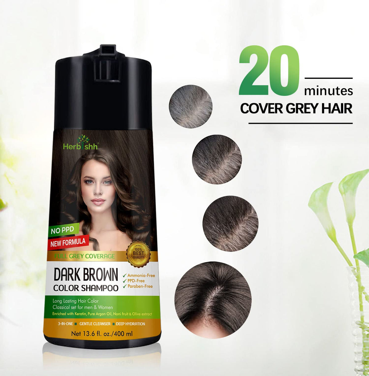 Herbishh Champú de color para cabello gris - Champú y acondicionador para teñir el cabello - Larga duración, cobertura completa de canas y bricolaje (Dark Brown) 400ml