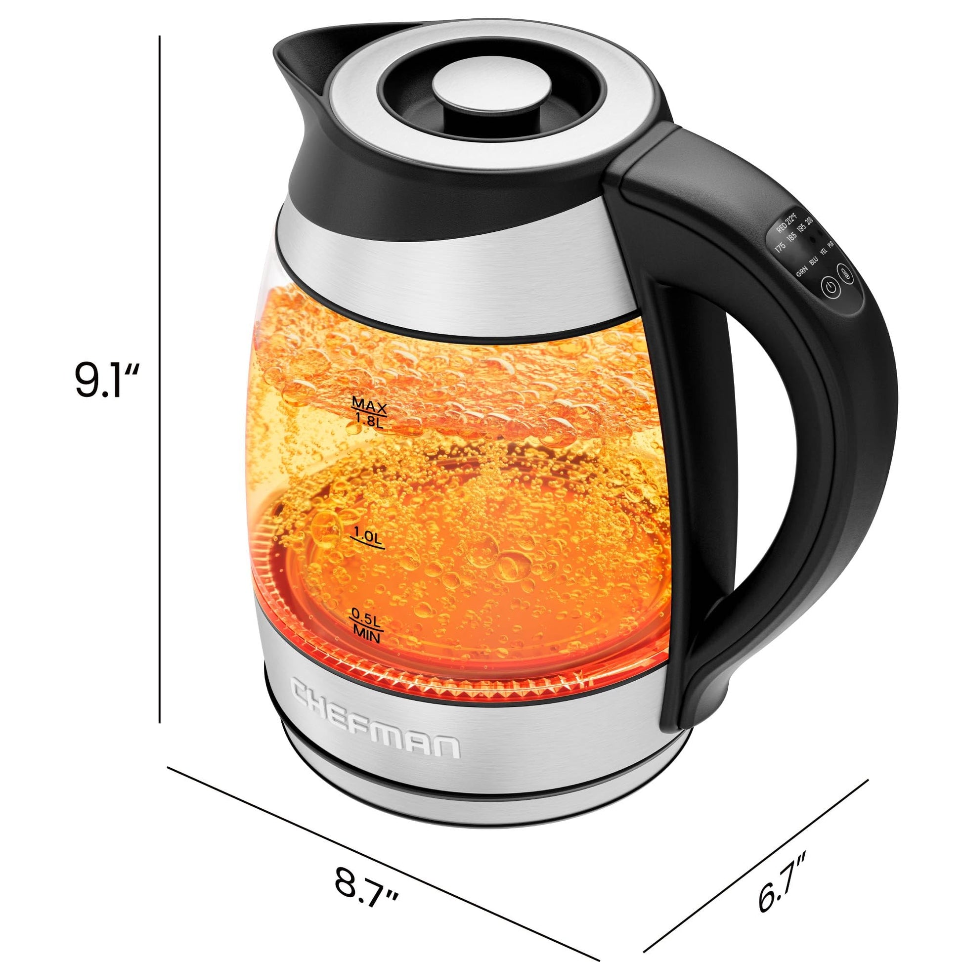 Chefman Hervidor eléctrico con control de temperatura, infusor de té extraíble, 5 luces indicadoras LED preestablecidas, base giratoria de 360°, sin BPA, acero inoxidable, 1,7 litros