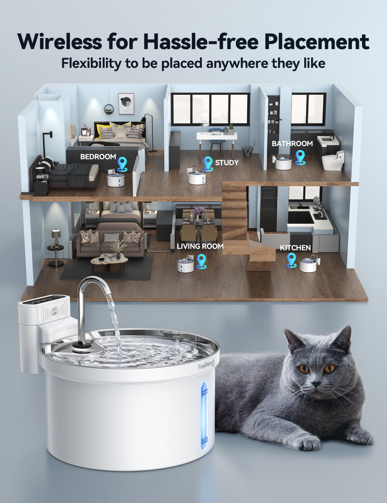 Fuente de agua inalámbrica para gatos [separación de agua y batería] FEELNEEDY Dispensador de agua para mascotas con sensor de movimiento, 3.5 l/12 onzas 4000 mAh con pilas para gatos, perros con 6
