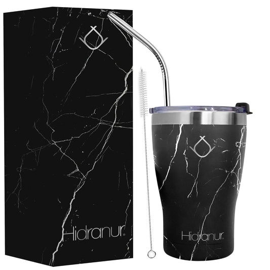 Hidranur Termo de Acero Inoxidable Doble Aislamiento Térmico, 12 Oz (354.882 ml), Termo para Café, Tapa Hermética Antifugas, Popote Incluido (Negro Mármol, 12 Oz (354.882 ml))
