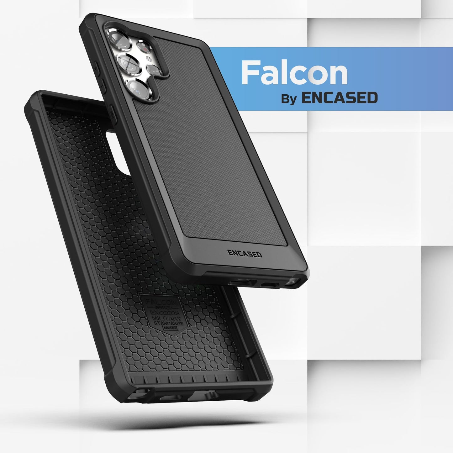Funda con cinturón Falcon Encased diseñada para Samsung Galaxy S24 Ultra - Funda protectora con protector de visualización de vidrio templado (negro)