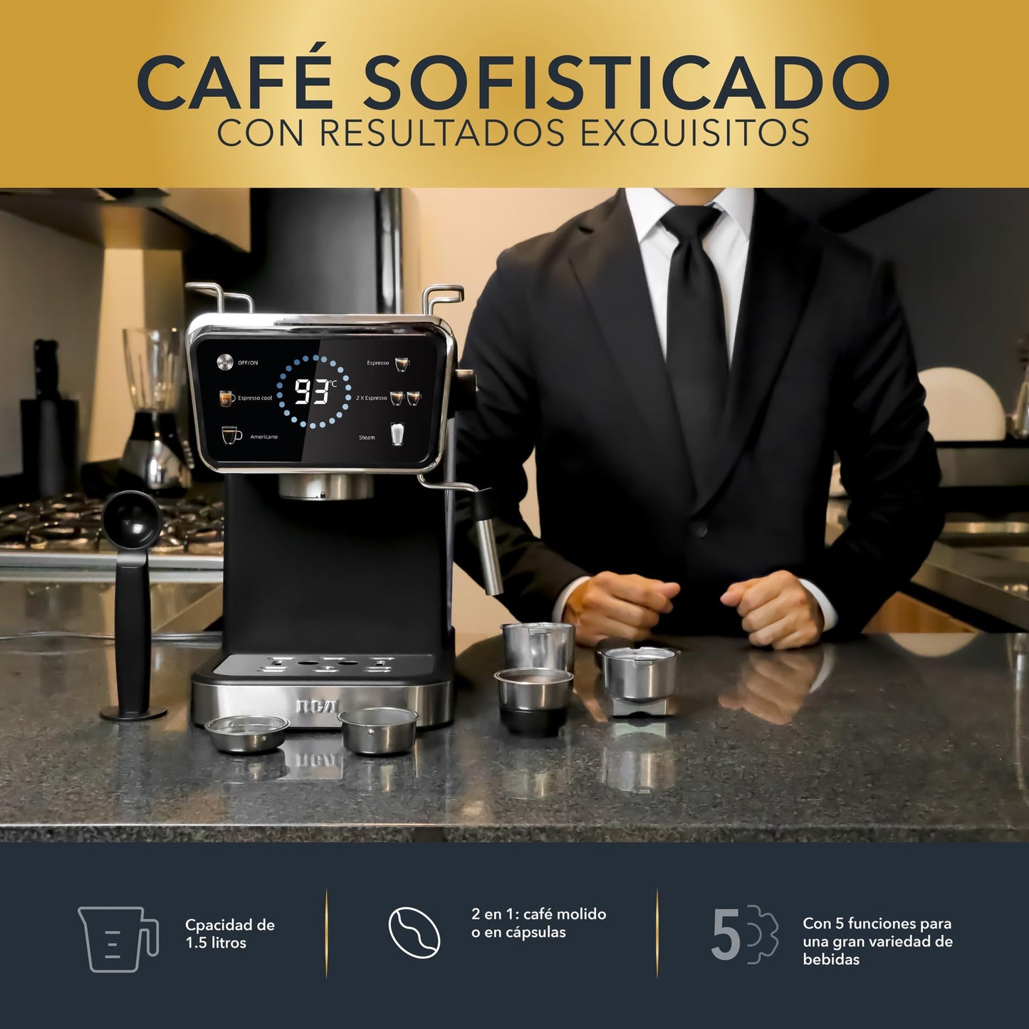 Cafetera RCA Acero Inoxidable 2 en 1 con Pantalla Inteligente y Espumador