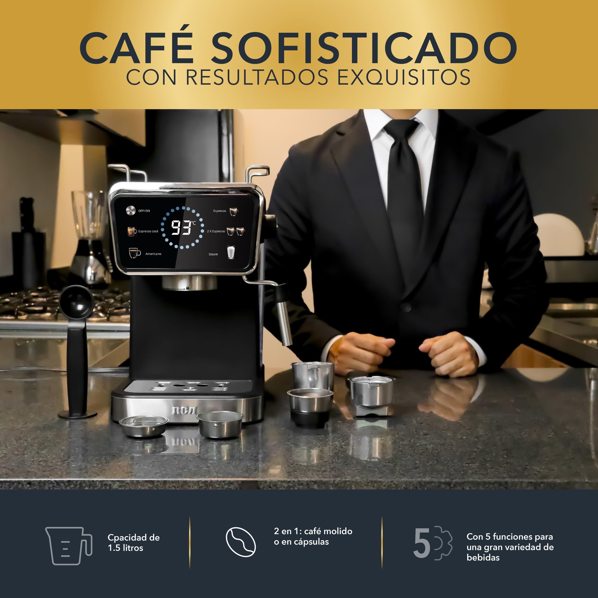 Cafetera RCA Acero Inoxidable 2 en 1 con Pantalla Inteligente y Espumador