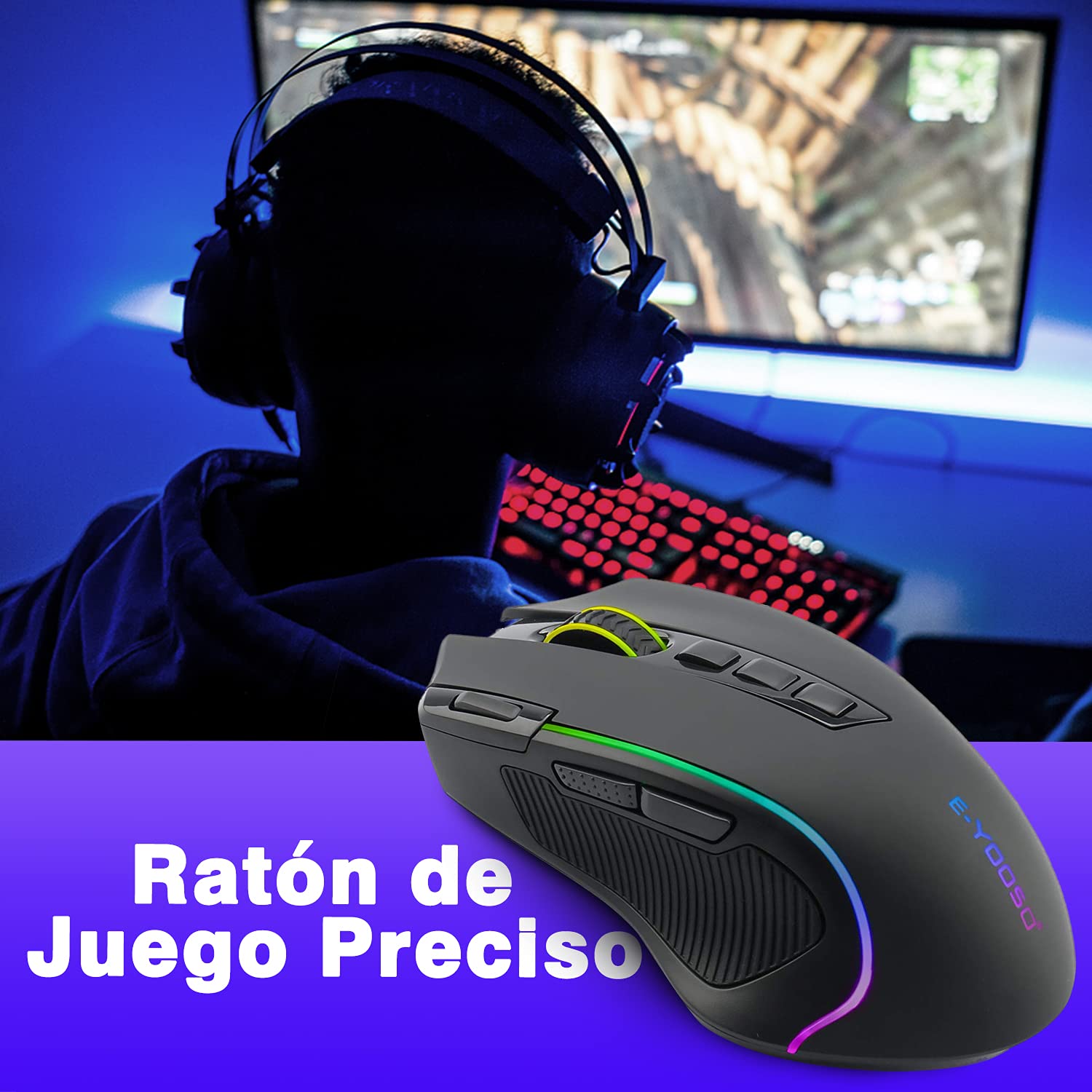 Mouse Gaming TERPORT S500 Inalámbrico Óptico RGB con 9 Botones Programables y 8000 DPI
