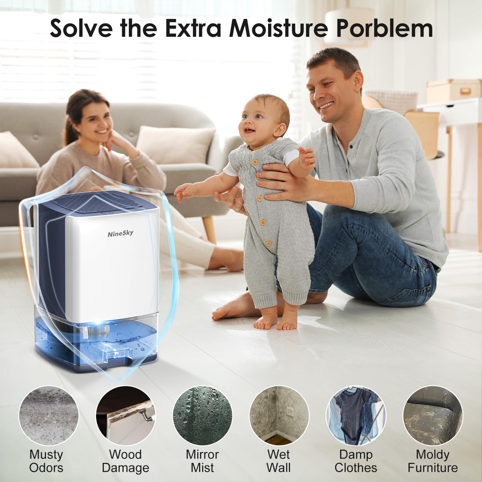 Deshumidificador NineSky blanco azul tanque 300 onzas con Luces Coloridas y Apagado Automático para el Hogar
