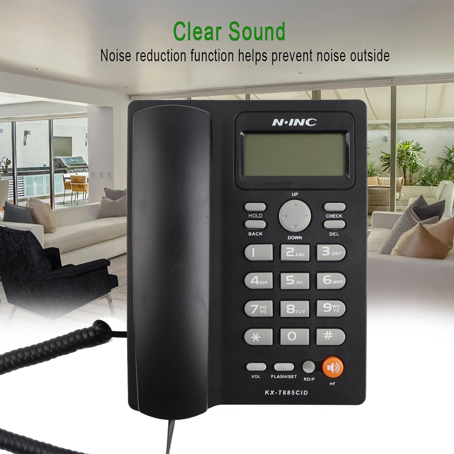 Teléfono, Identificador de Llamadas Teléfonos con Cable, Teléfono con Cable Inglés, Llamadas con Manos Libres Oficina en el Hogar Teléfono Fijo del Hotel(Negro)
