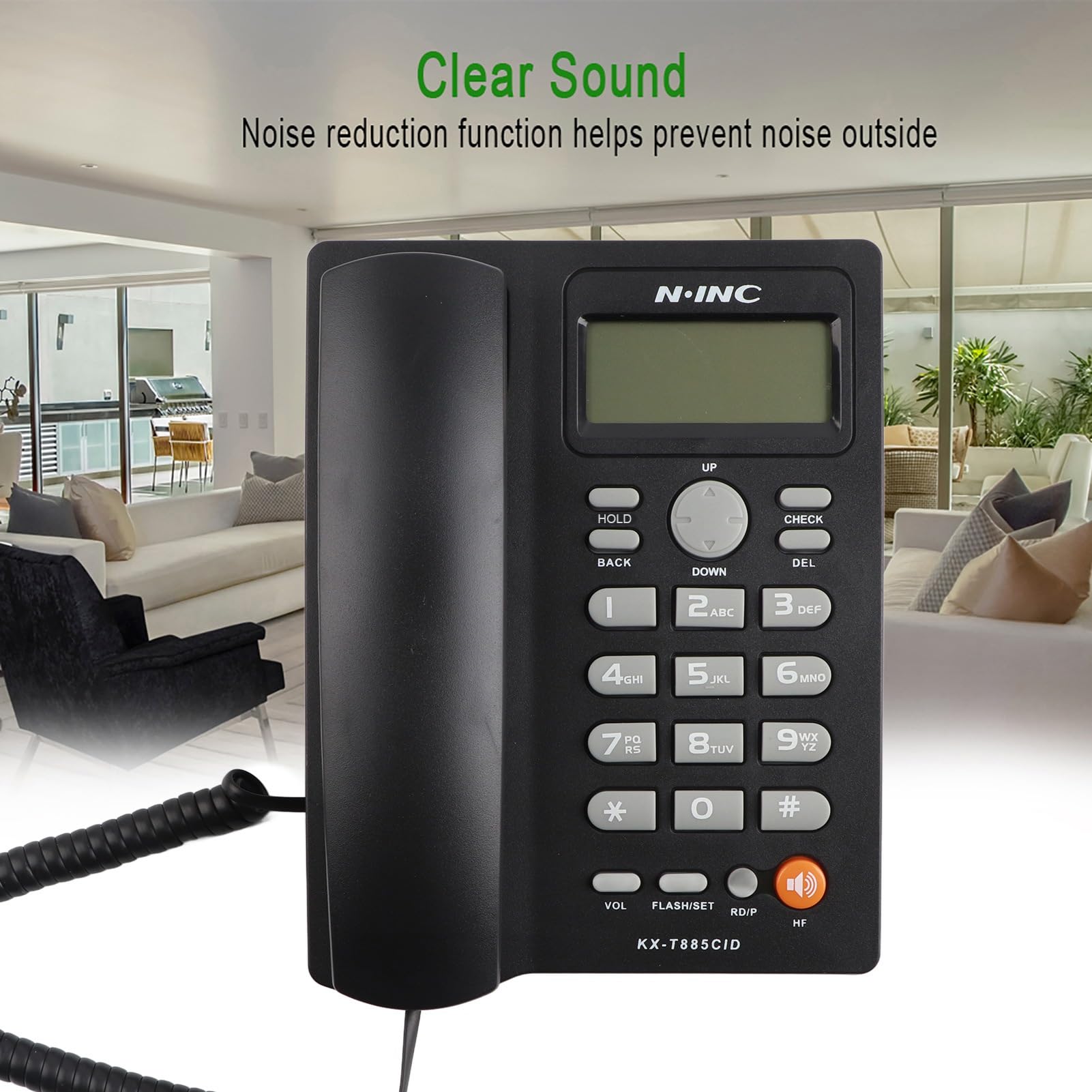 Teléfono, Identificador de Llamadas Teléfonos con Cable, Teléfono con Cable Inglés, Llamadas con Manos Libres Oficina en el Hogar Teléfono Fijo del Hotel(Negro)