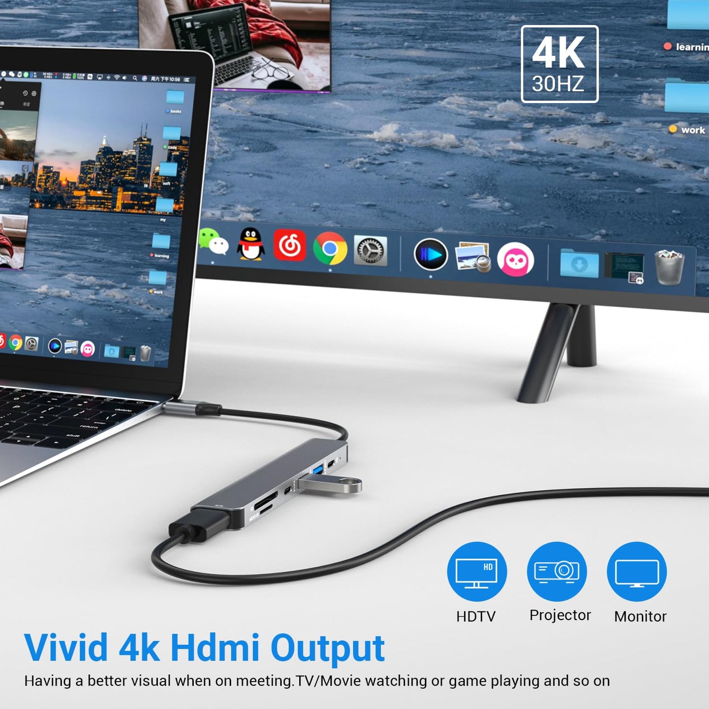 JESWO HUB USB C, 7 en 1 Adaptador USB C a HDMI 4K, USB 3.0, USB 2.0, Lector Tarjeta SD/TF, 5Gbps USB C Datos Puerto, 100W PD Carga, Adaptador Tipo C para MacBook, MacBook Pro, Macbook Air, DELL, etc.