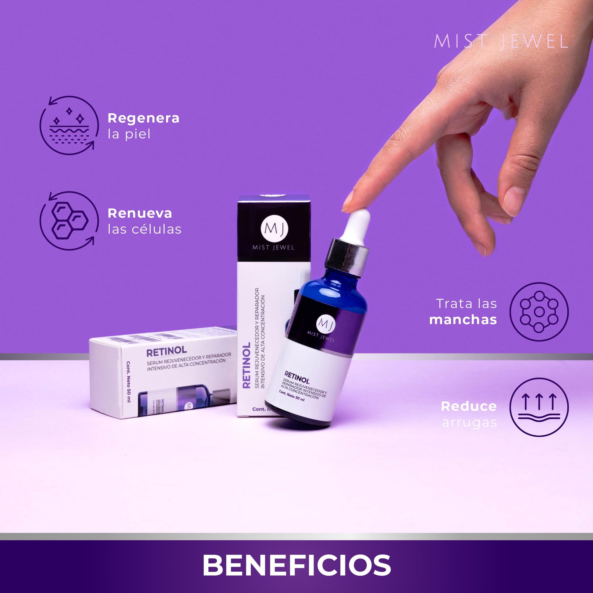 MIST JEWEL Serum Facial Retinol (Vit A), Ácido hialurónico, Vitamina C, Vit E, B5, hidratante y reparador | Suero para hombres y mujeres Anti manchas Nocturno, cuidado facial iluminador e hidratante de alta efectividad 50ml