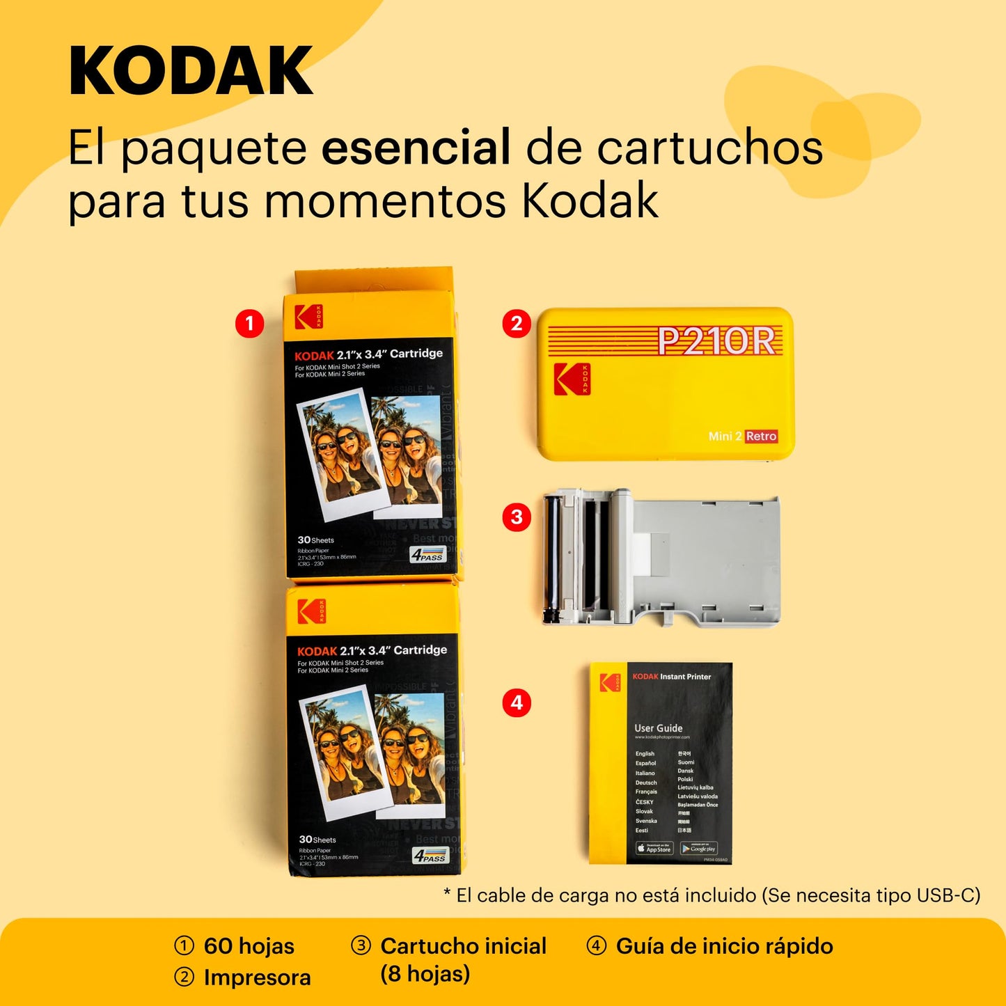 KODAK Mini 2 Retro 4PASS Impresora de Fotos Portátil (5,3x8,6cm) + Pack con 68 Hojas, Blanco