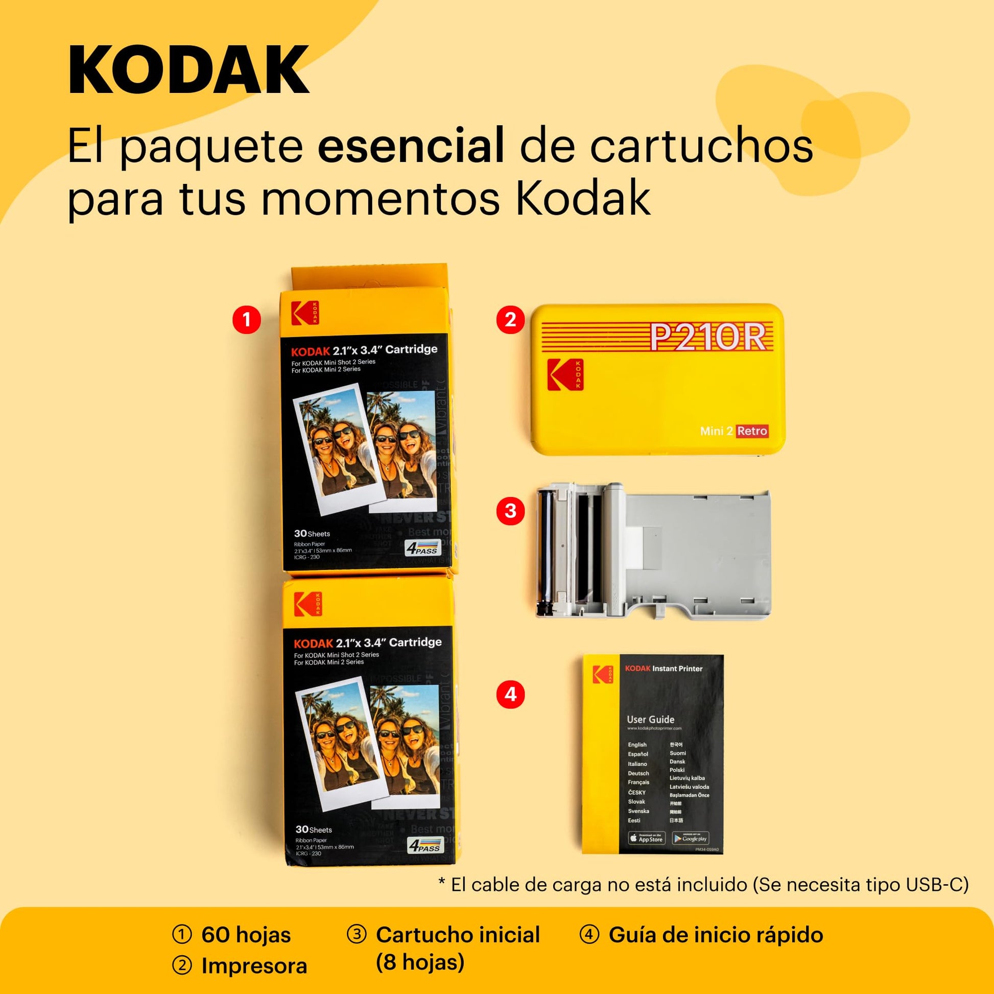 KODAK Mini 2 Retro 4PASS Impresora de Fotos Portátil (5,3x8,6cm) + Pack con 68 Hojas, Blanco