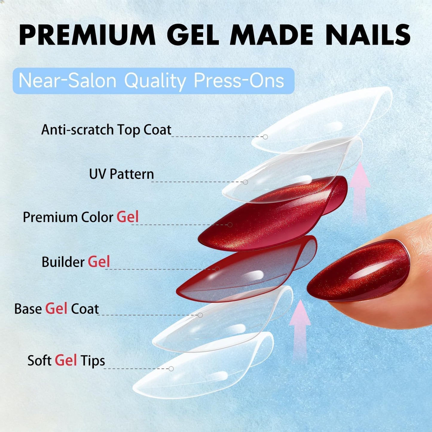 SXVME Uñas postizas Cat Eye en color almendra, hechas a mano, de grosor medio, en cromo burdeos y rojo, para mujer, para fiestas de cumpleaños, reutilizables, con purpurina esmaltada, 15 tamaños, 30 u