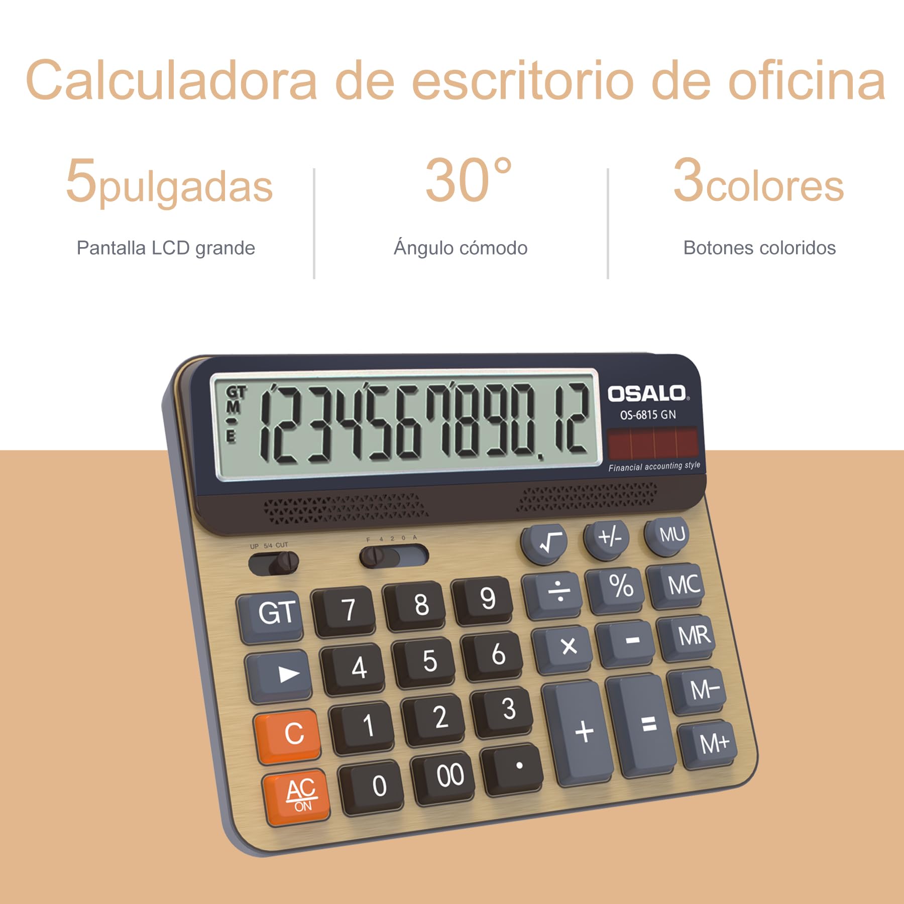 Calculadora de Escritorio Pantalla LCD Extra Grande de 5 Pulgadas Calculadora de Contabilidad de números Grandes de 12 dígitos con botón de Respuesta Gigante, para Office Business Home (OS-6815GN)