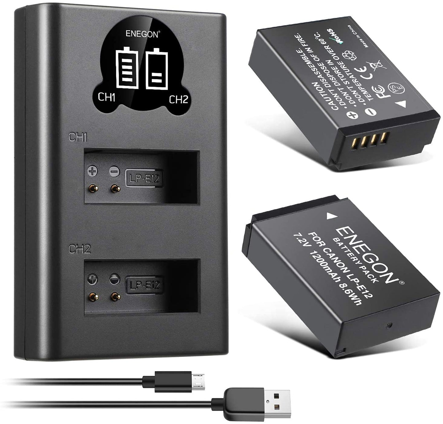 Batería ENEGON 1200 mAh LCD Compatible Canon EOS M50 Mark II M100 M200 M10 M2, Paquete de 2