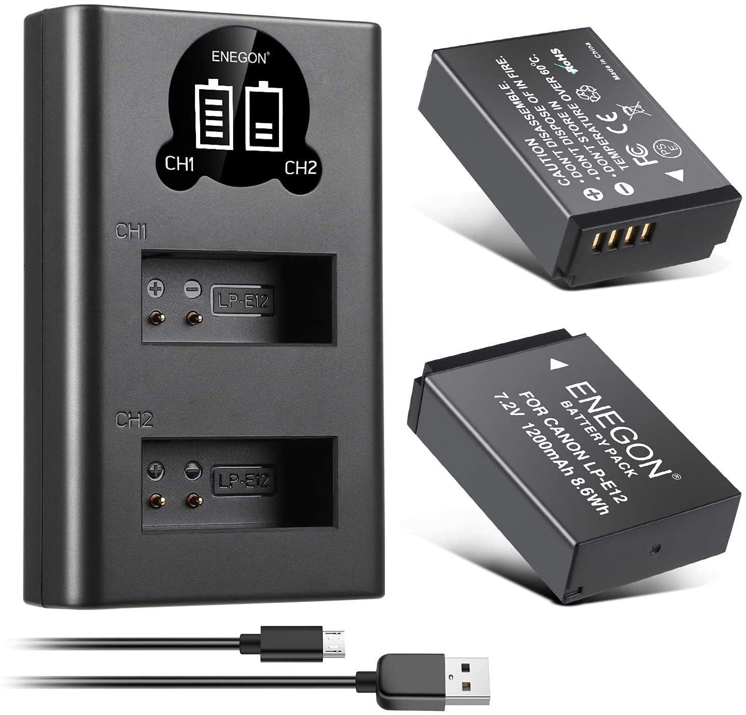 Batería ENEGON 1200 mAh LCD Compatible Canon EOS M50 Mark II M100 M200 M10 M2, Paquete de 2