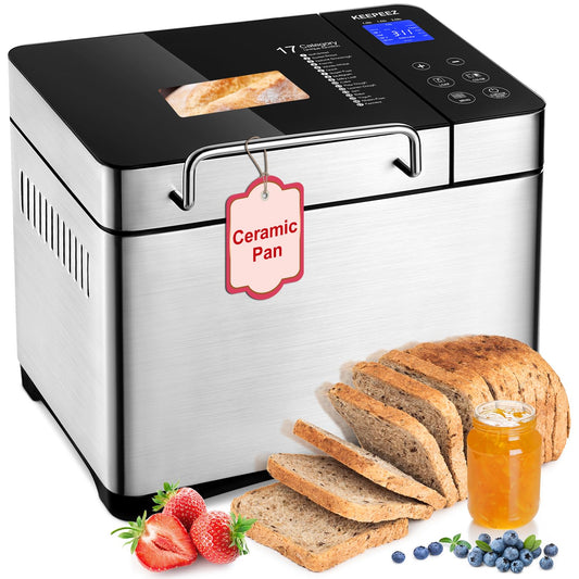 Máquina de pan de acero inoxidable 17 en 1, máquina de pan de 2 libras sin BPA antiadherente de 5 capas superior de cerámica fundida a presión, dispensador automático de frutos secos, 2 paletas y