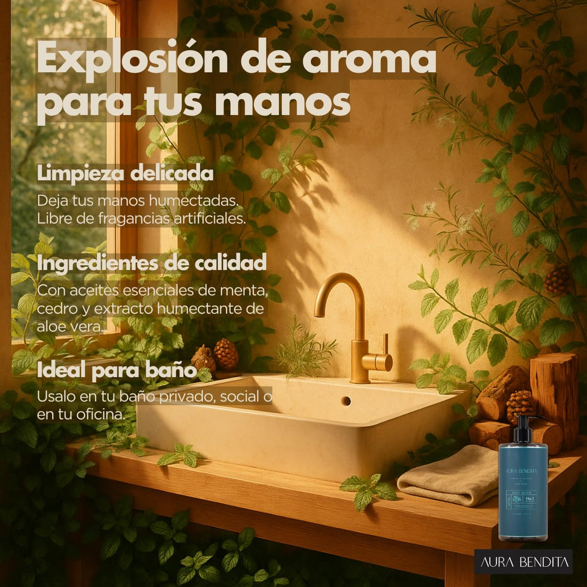 Jabón Líquido para Manos 500 ml Aceites Esenciales Menta Cedro Aura Bendita